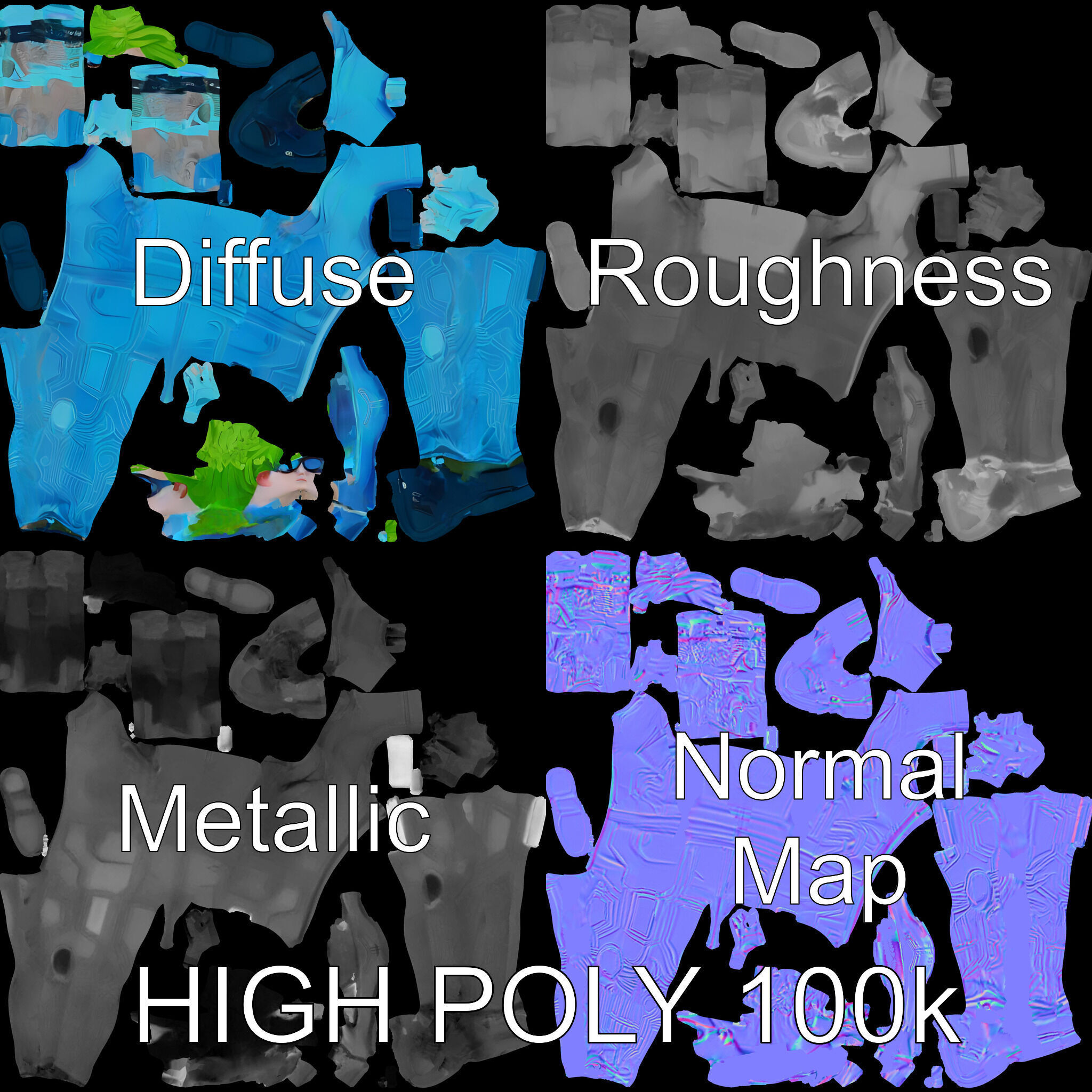 Neon Cyberpunk Character with Green Hair and Futuristic Suit Low-poly 3D model_2