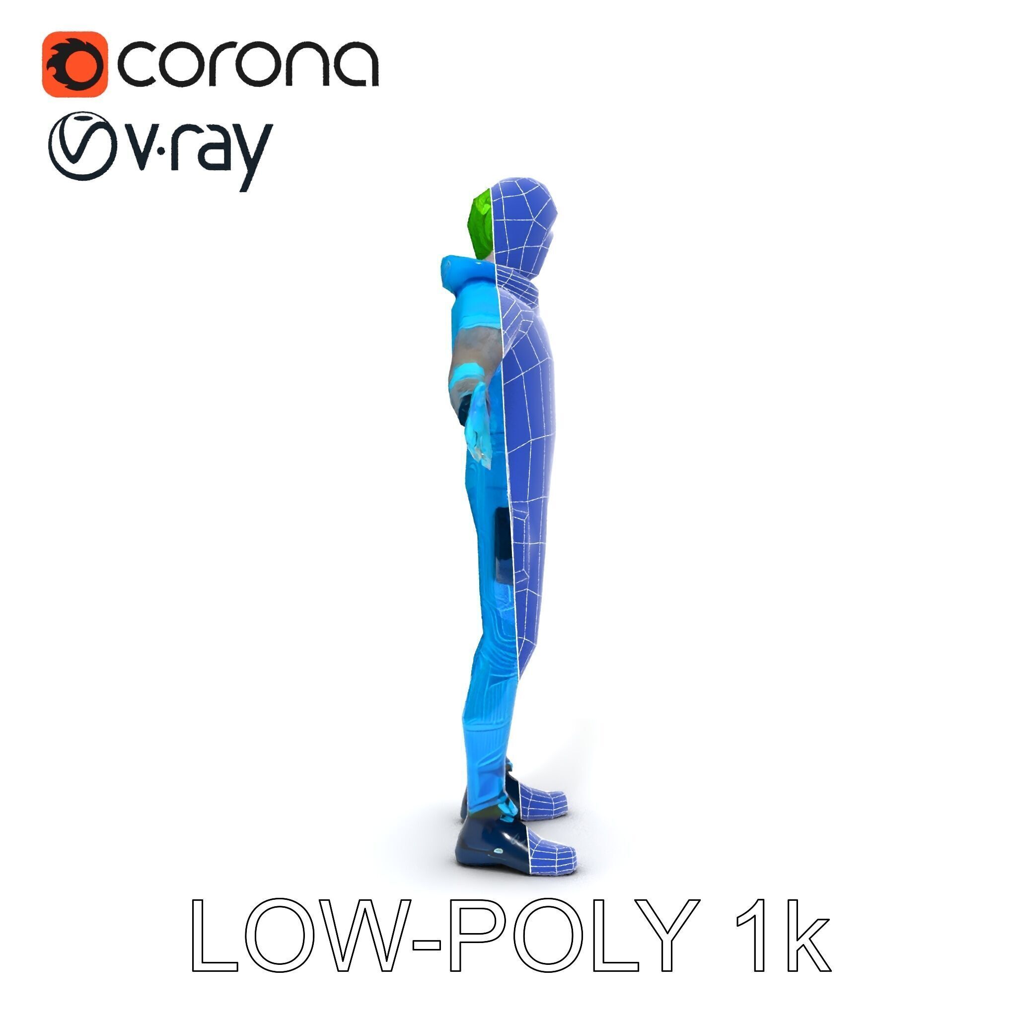 Neon Cyberpunk Character with Green Hair and Futuristic Suit Low-poly 3D model_27