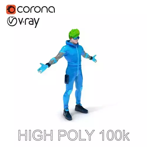 Neon Cyberpunk Character with Green Hair and Futuristic Suit Low-poly 3D model