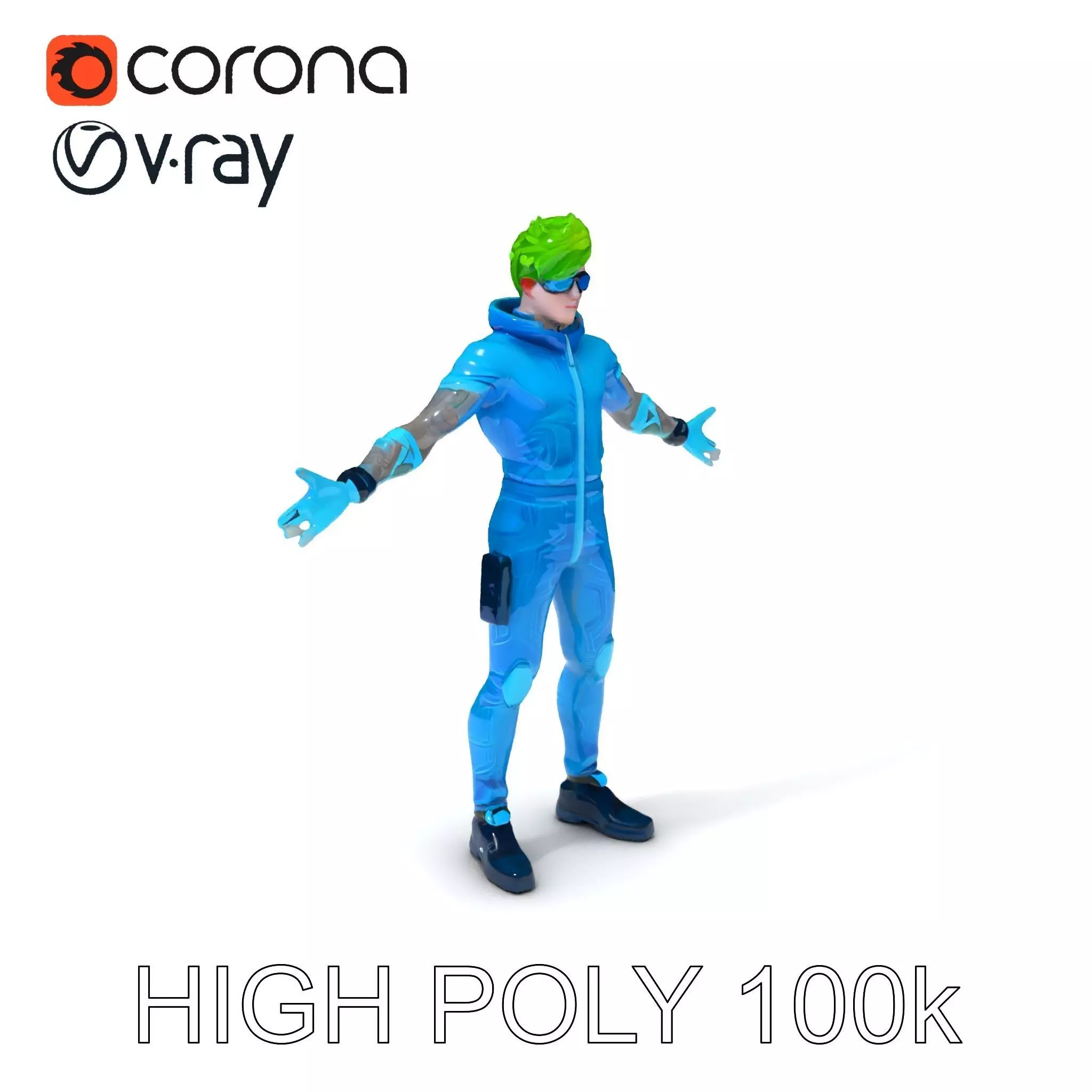 Neon Cyberpunk Character with Green Hair and Futuristic Suit Low-poly 3D model_0