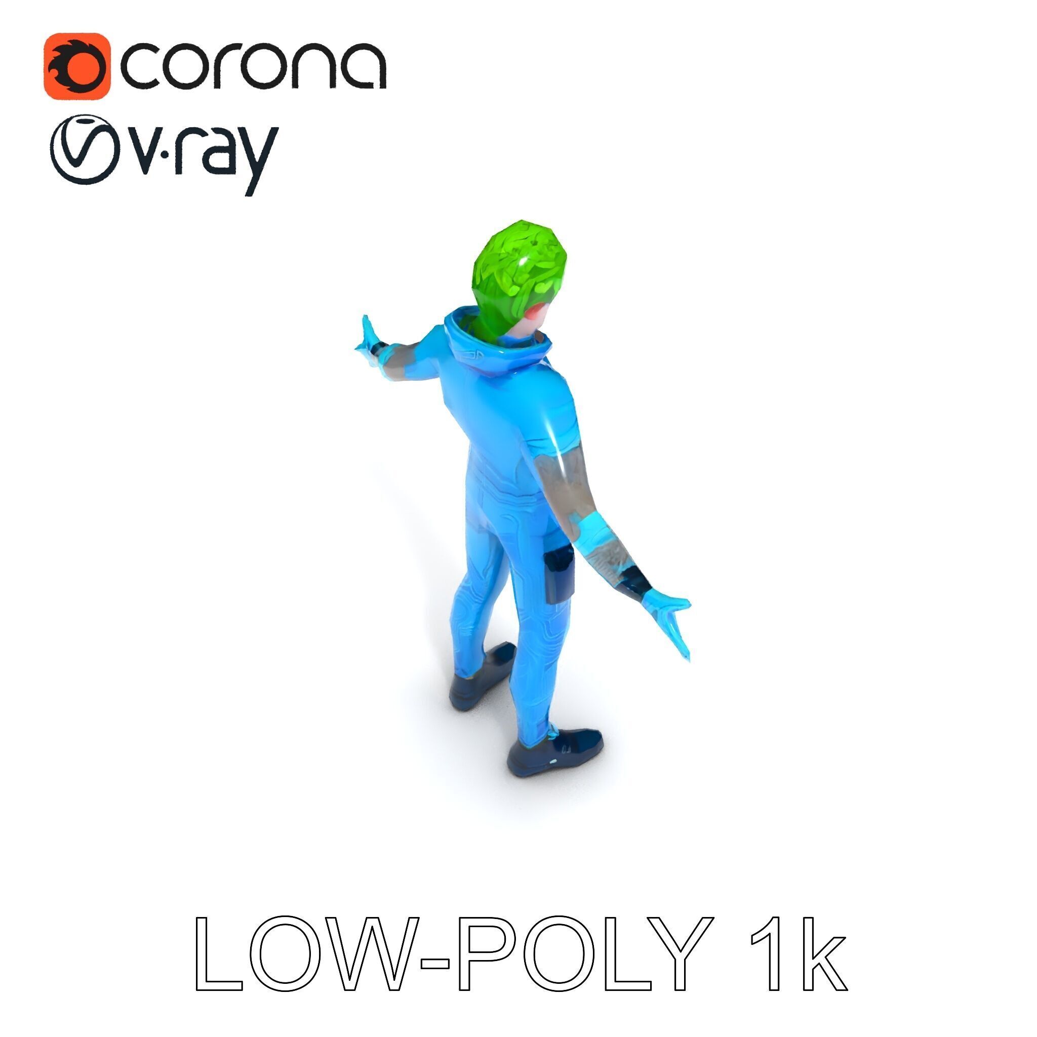 Neon Cyberpunk Character with Green Hair and Futuristic Suit Low-poly 3D model_30