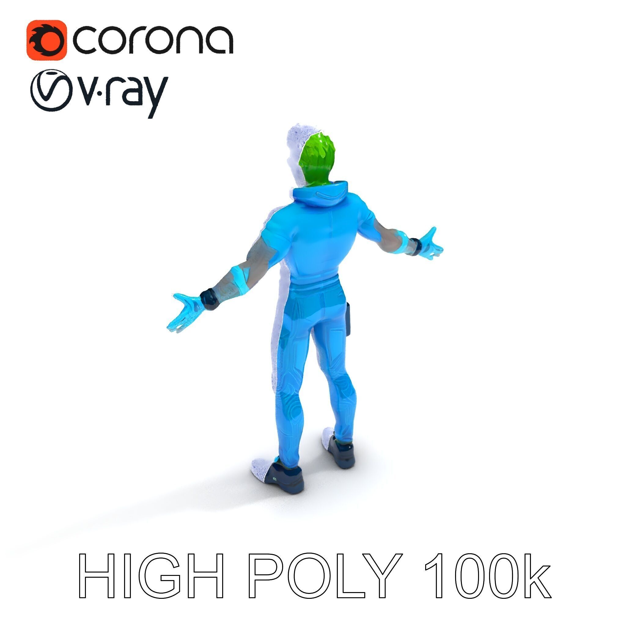 Neon Cyberpunk Character with Green Hair and Futuristic Suit Low-poly 3D model_31