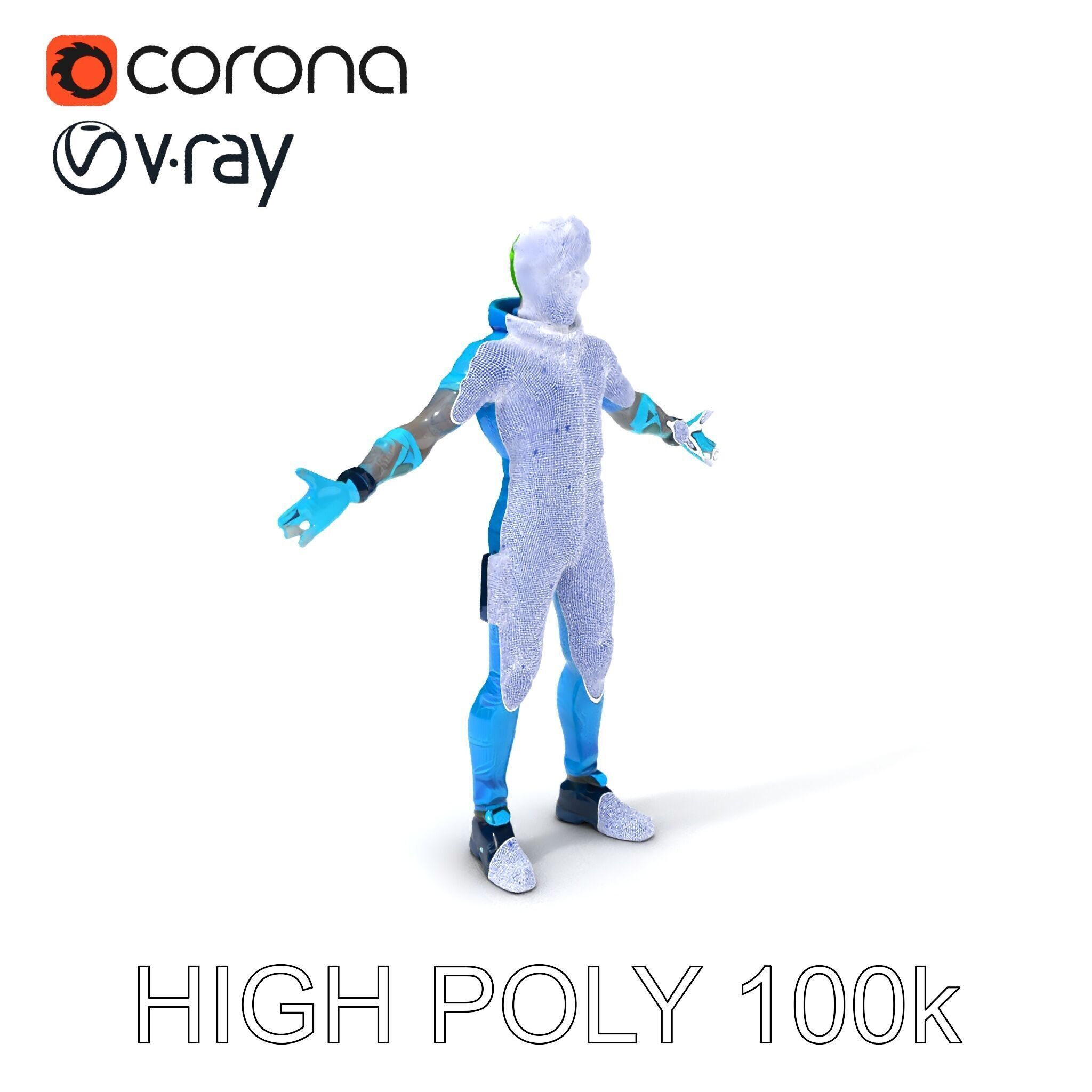 Neon Cyberpunk Character with Green Hair and Futuristic Suit Low-poly 3D model_3