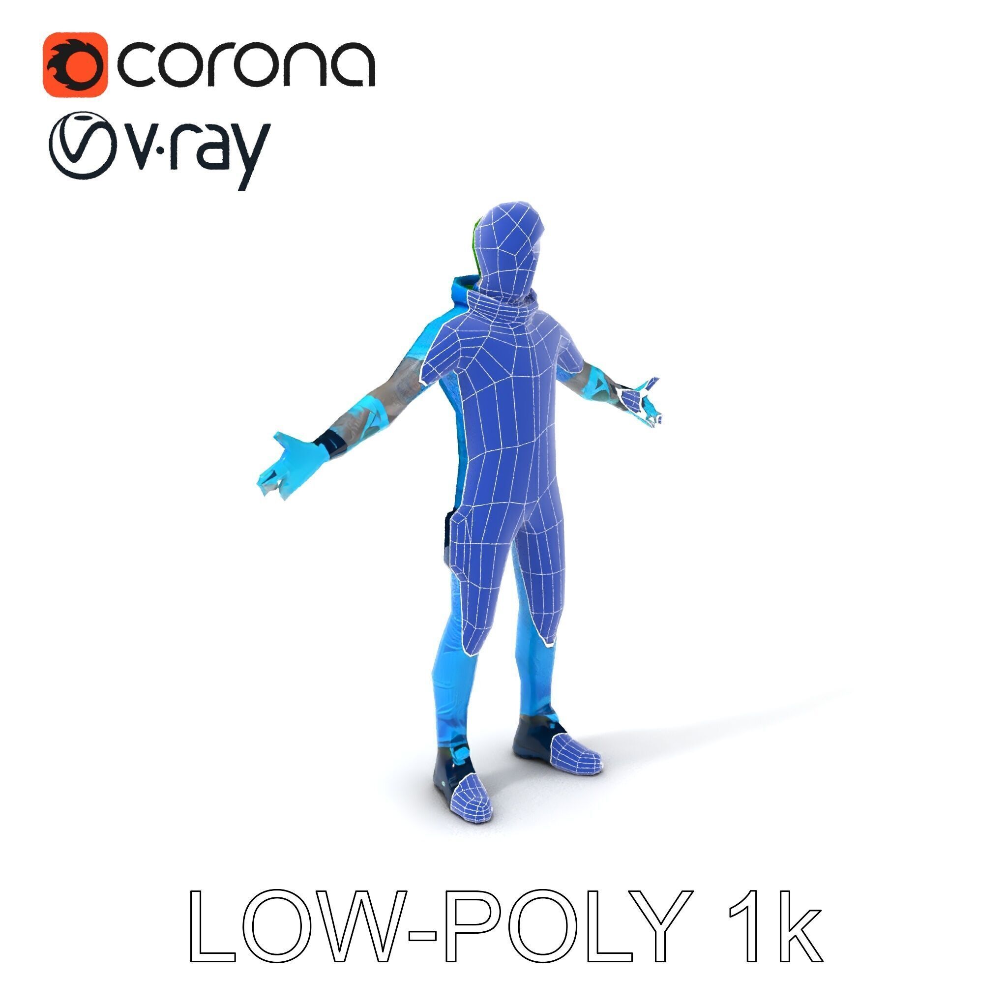 Neon Cyberpunk Character with Green Hair and Futuristic Suit Low-poly 3D model_12