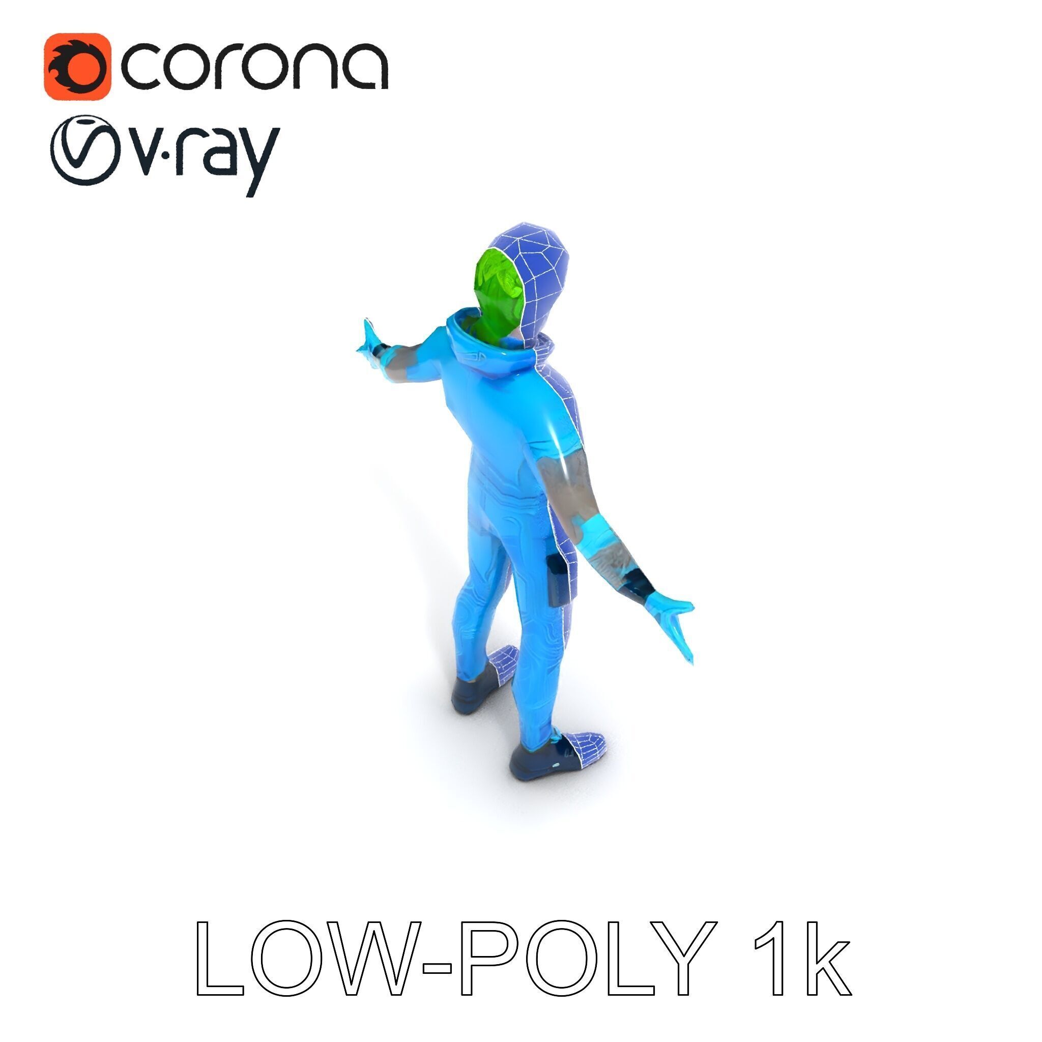 Neon Cyberpunk Character with Green Hair and Futuristic Suit Low-poly 3D model_10