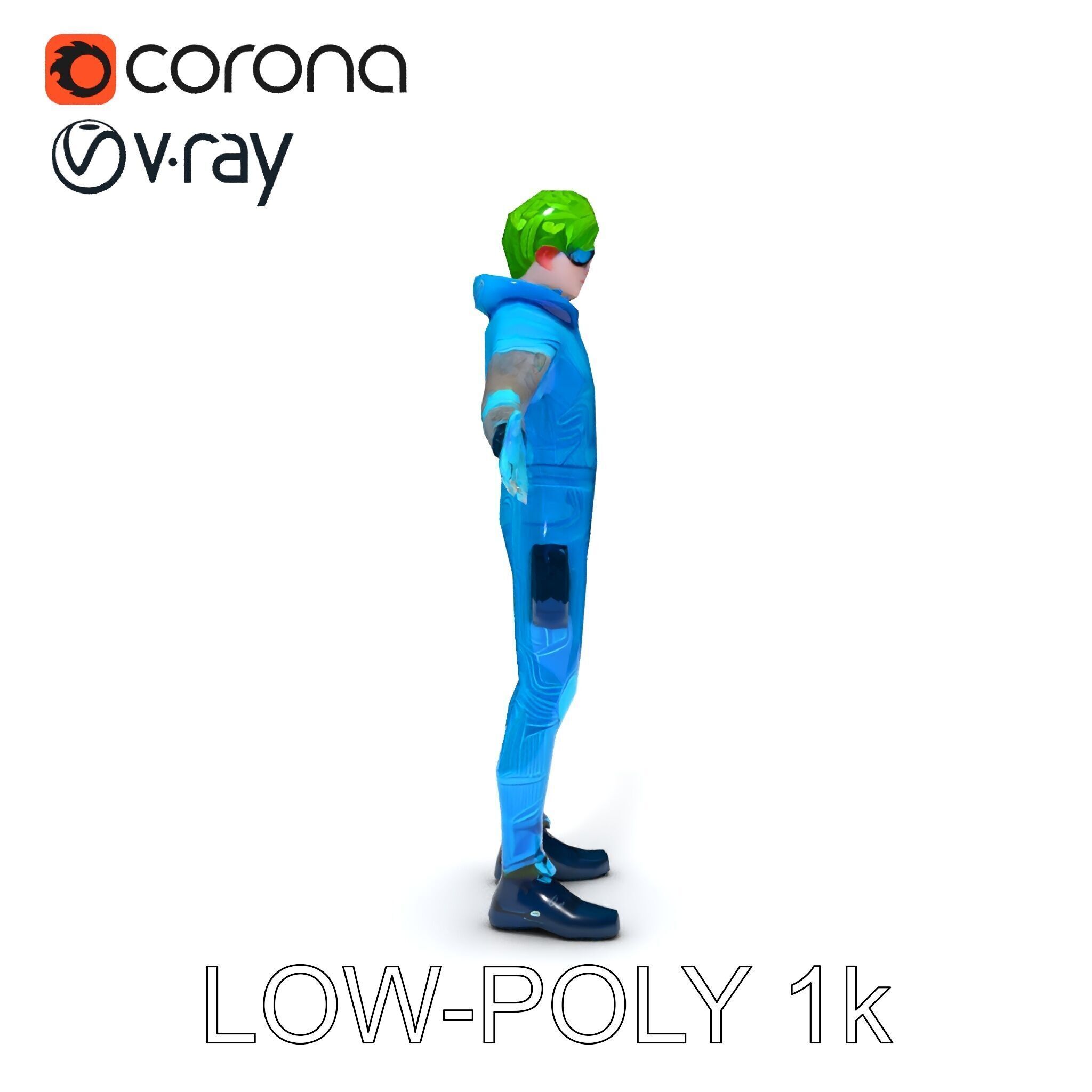 Neon Cyberpunk Character with Green Hair and Futuristic Suit Low-poly 3D model_23