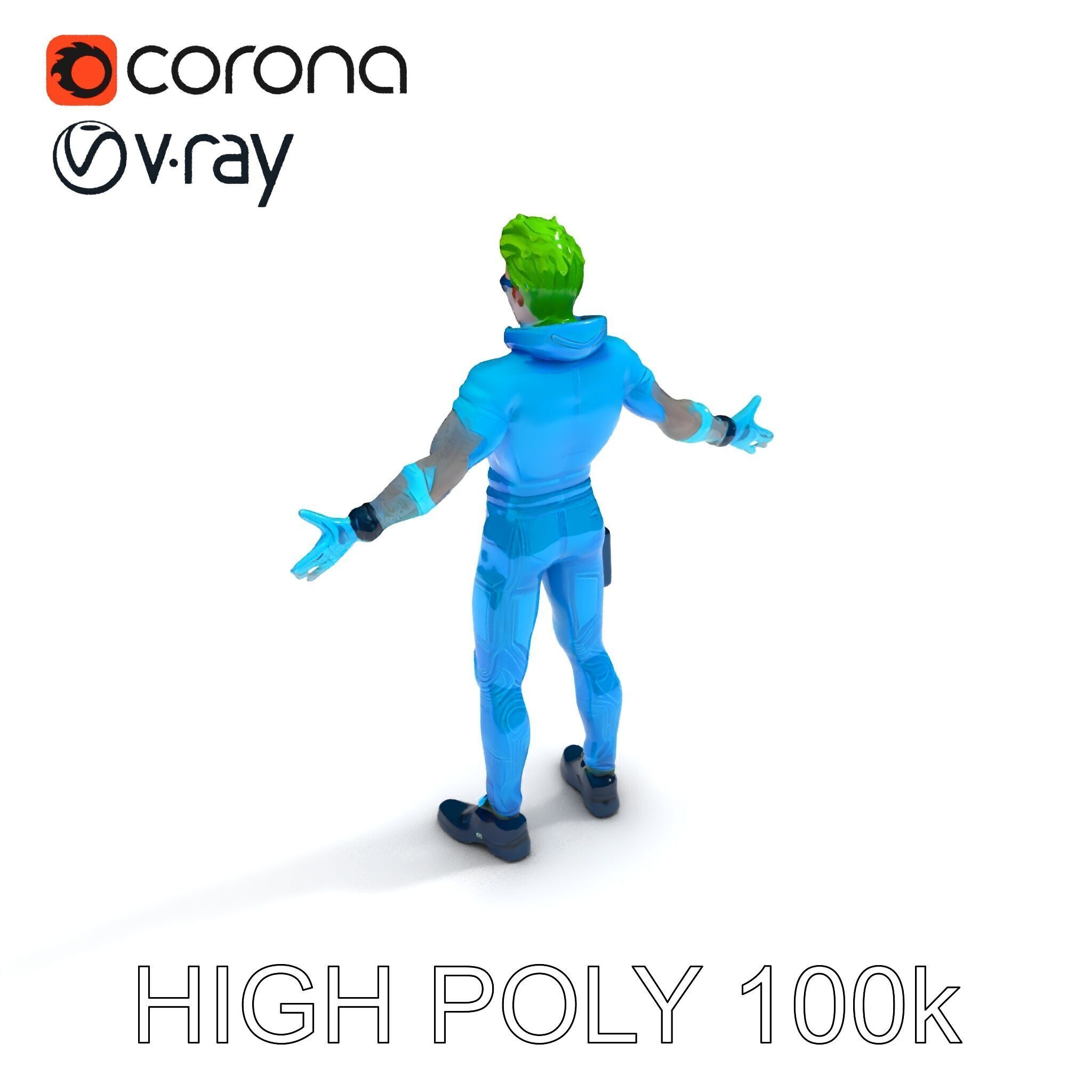 Neon Cyberpunk Character with Green Hair and Futuristic Suit Low-poly 3D model_21