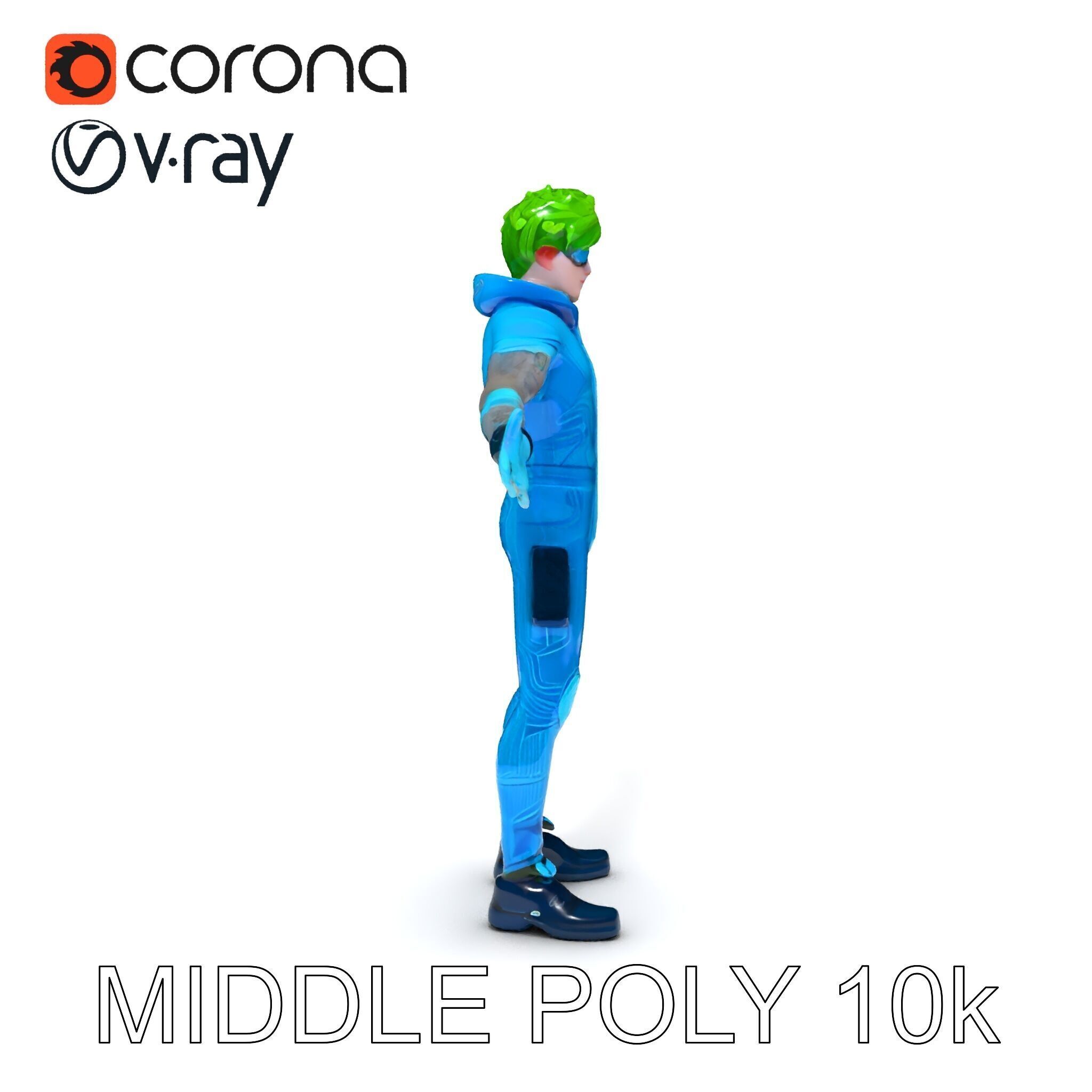 Neon Cyberpunk Character with Green Hair and Futuristic Suit Low-poly 3D model_35