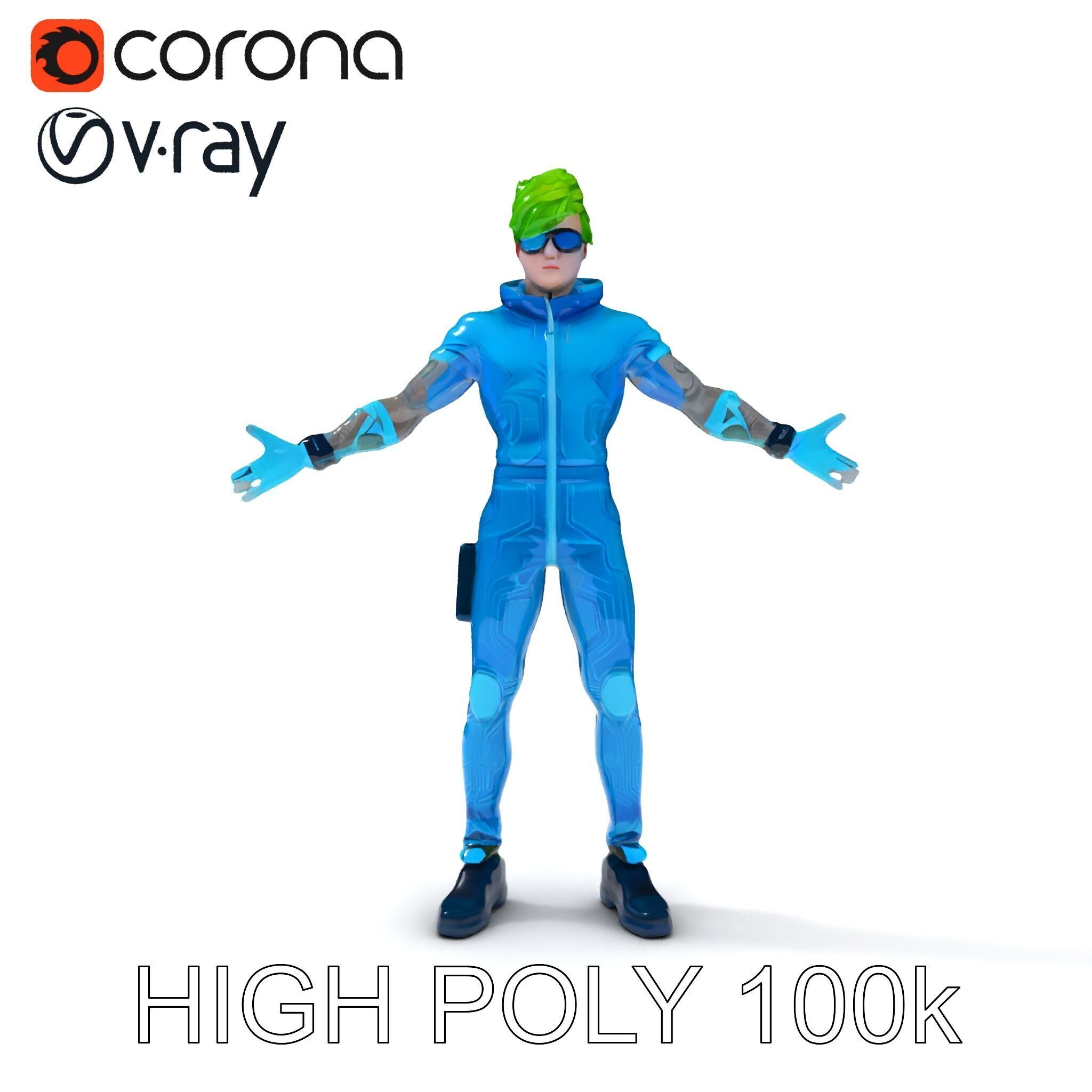 Neon Cyberpunk Character with Green Hair and Futuristic Suit Low-poly 3D model_28