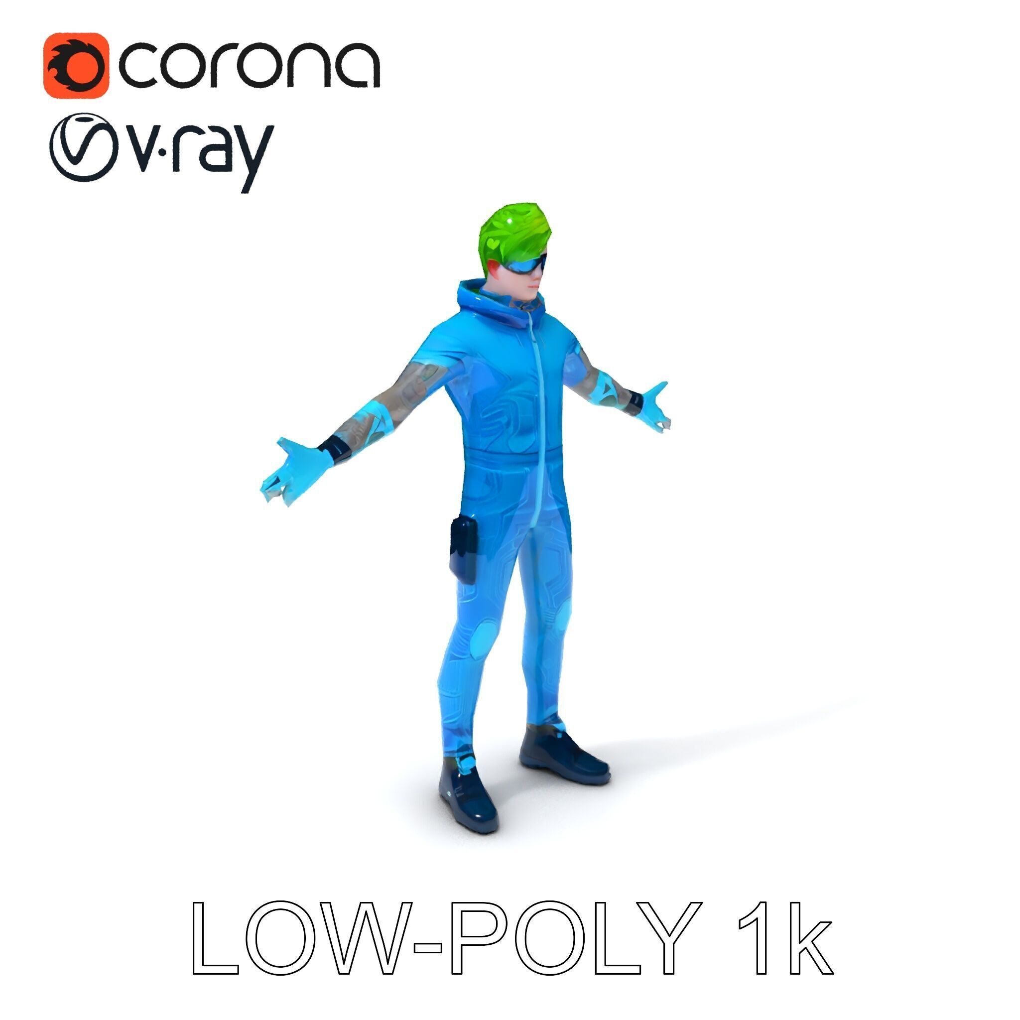 Neon Cyberpunk Character with Green Hair and Futuristic Suit Low-poly 3D model_7