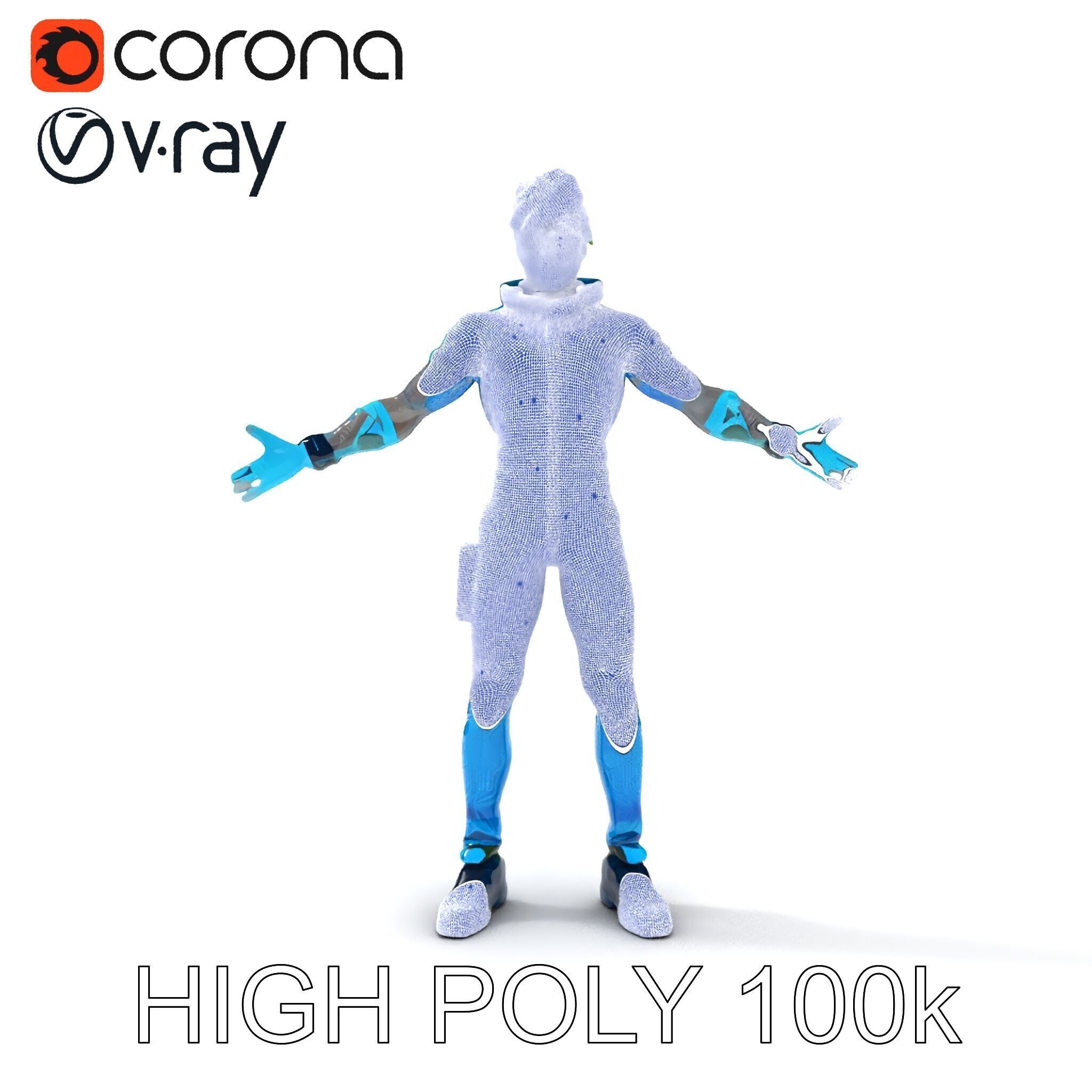 Neon Cyberpunk Character with Green Hair and Futuristic Suit Low-poly 3D model_18