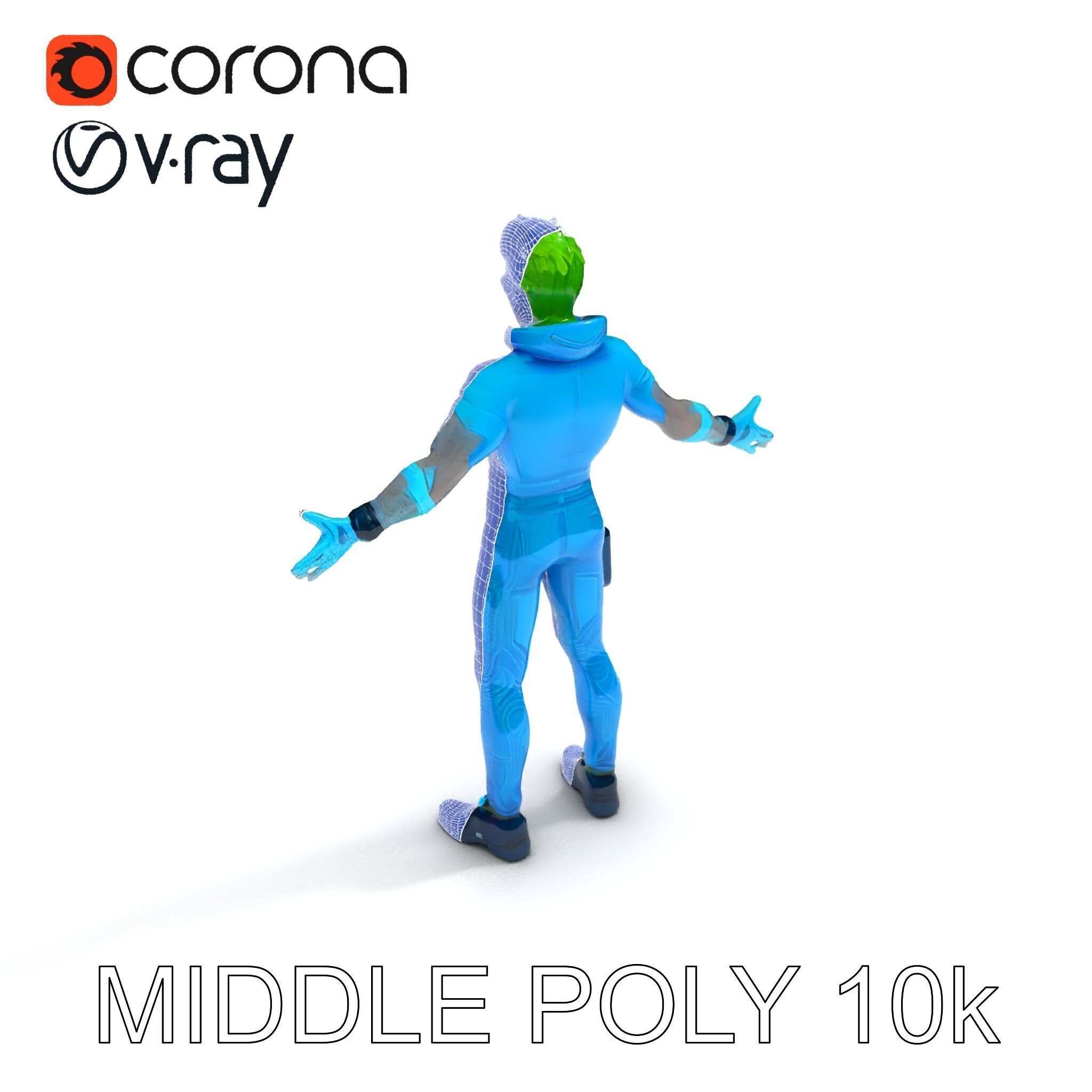 Neon Cyberpunk Character with Green Hair and Futuristic Suit Low-poly 3D model_11