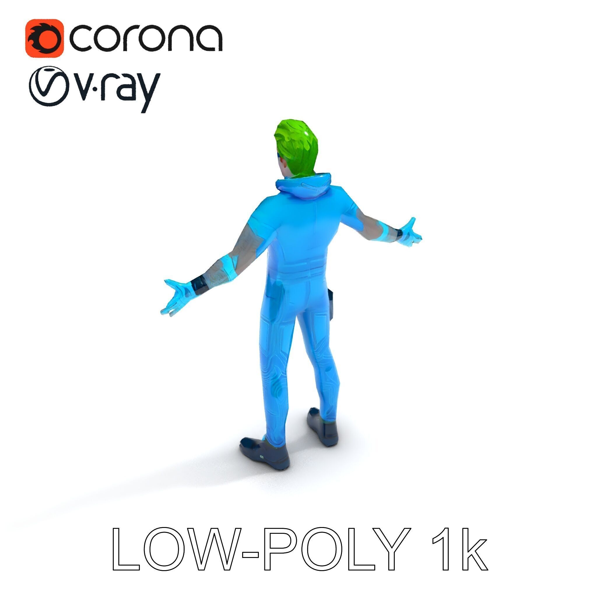 Neon Cyberpunk Character with Green Hair and Futuristic Suit Low-poly 3D model_14