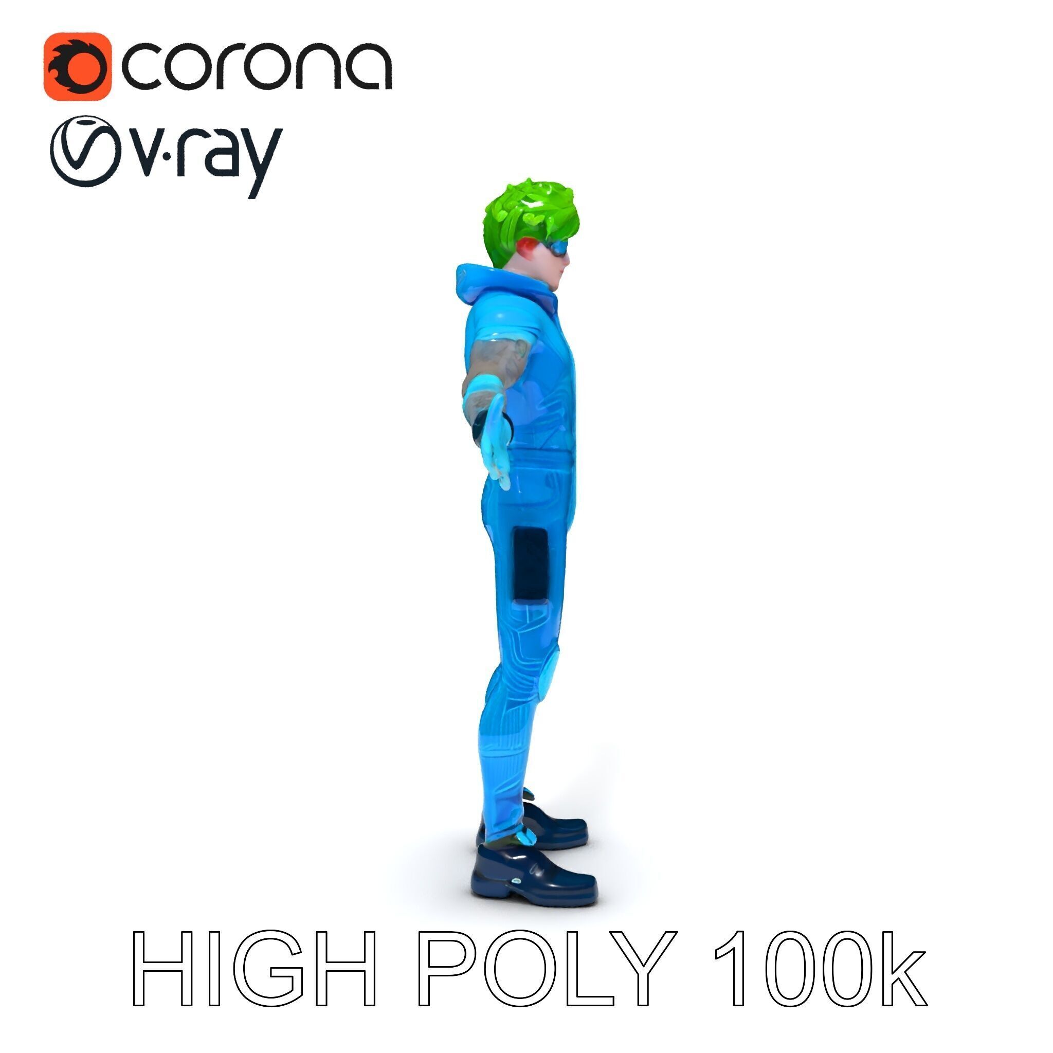 Neon Cyberpunk Character with Green Hair and Futuristic Suit Low-poly 3D model_36