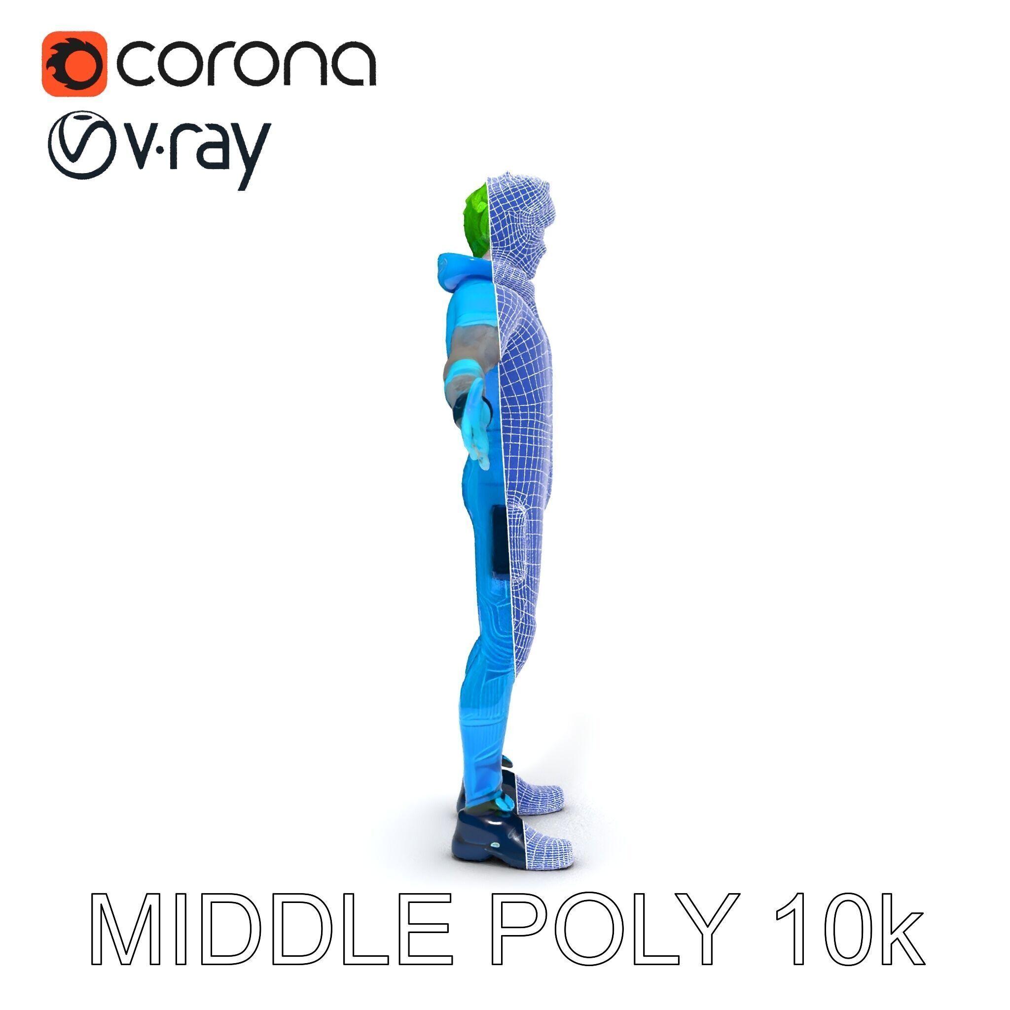 Neon Cyberpunk Character with Green Hair and Futuristic Suit Low-poly 3D model_32
