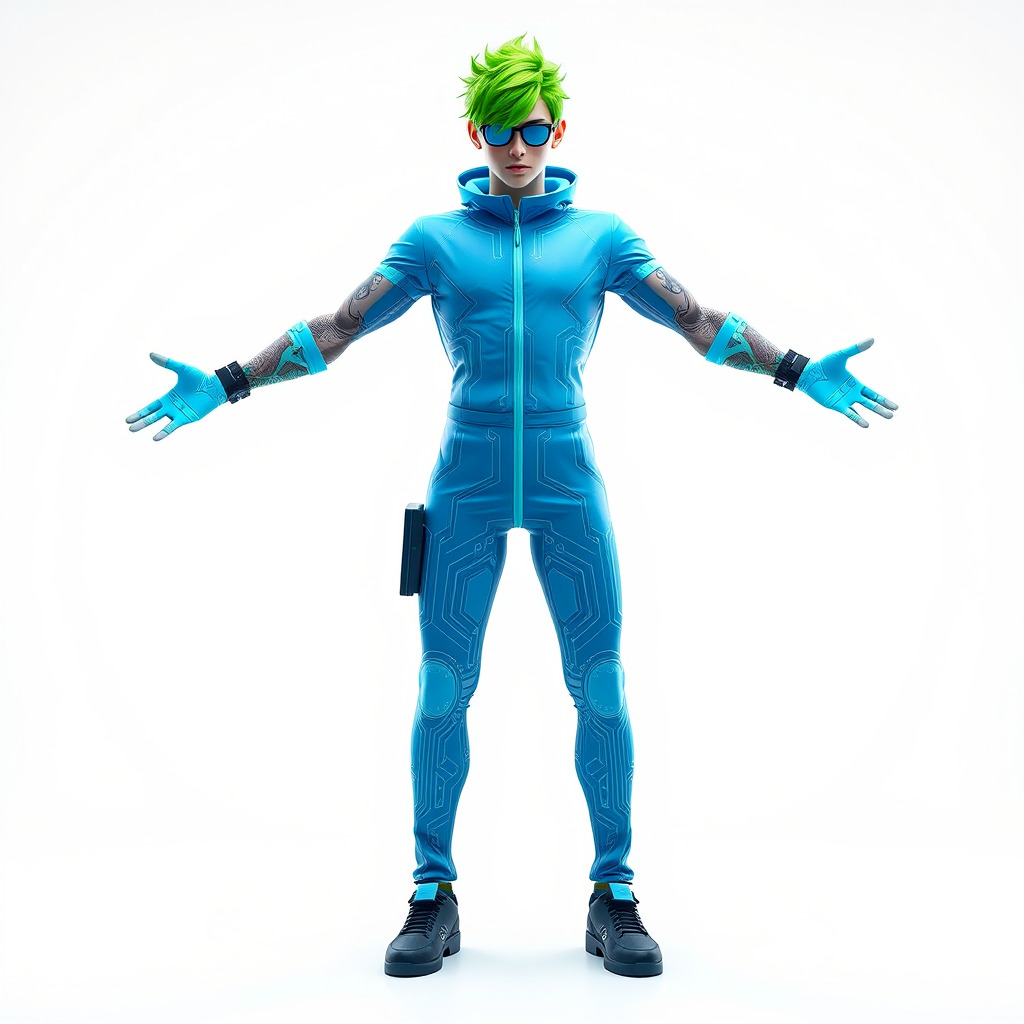 Neon Cyberpunk Character with Green Hair and Futuristic Suit Low-poly 3D model_4