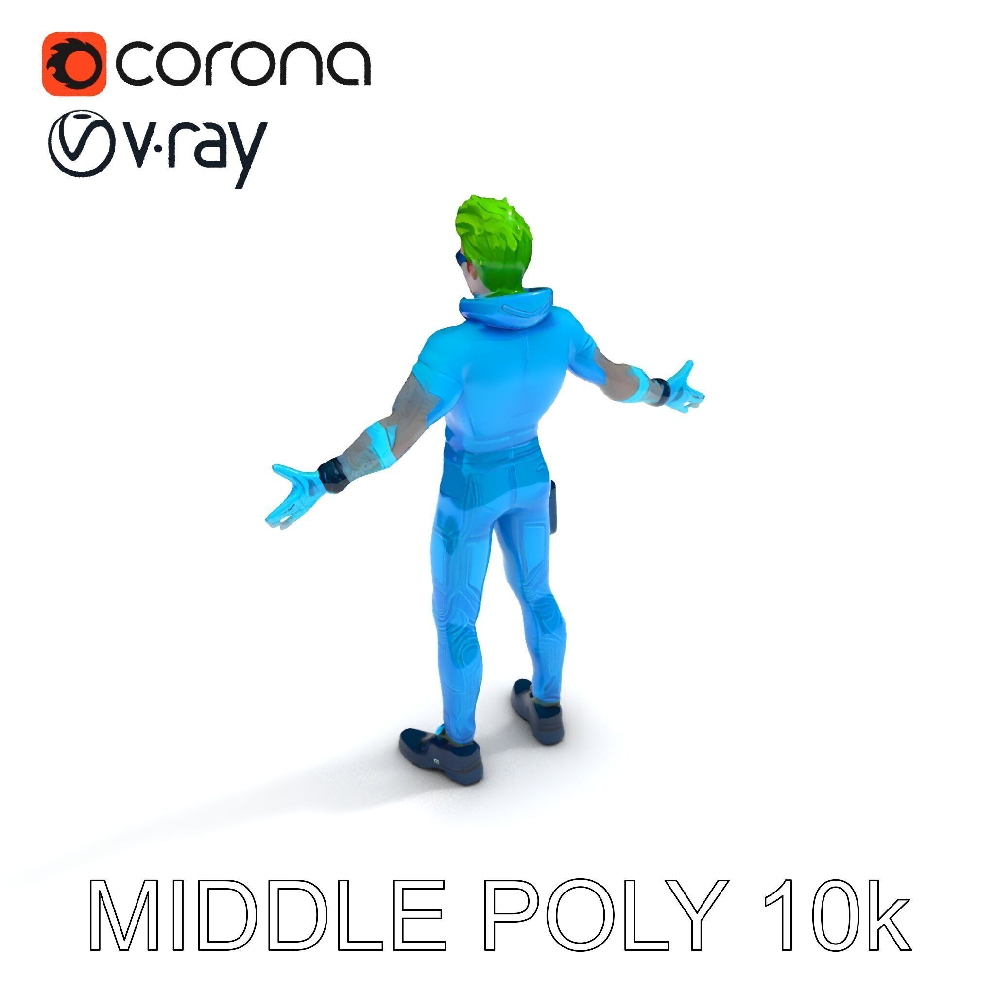 Neon Cyberpunk Character with Green Hair and Futuristic Suit Low-poly 3D model_24