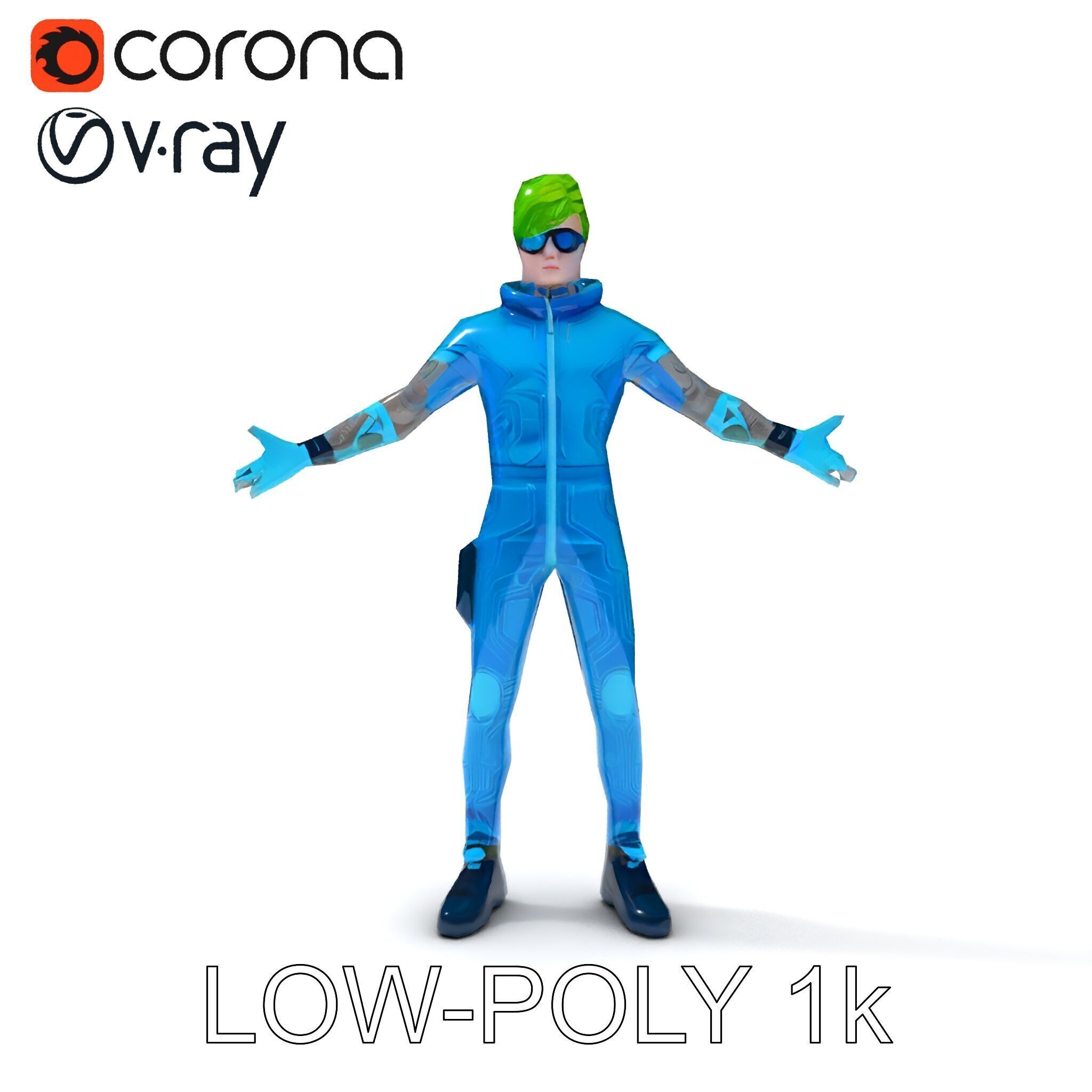 Neon Cyberpunk Character with Green Hair and Futuristic Suit Low-poly 3D model_20