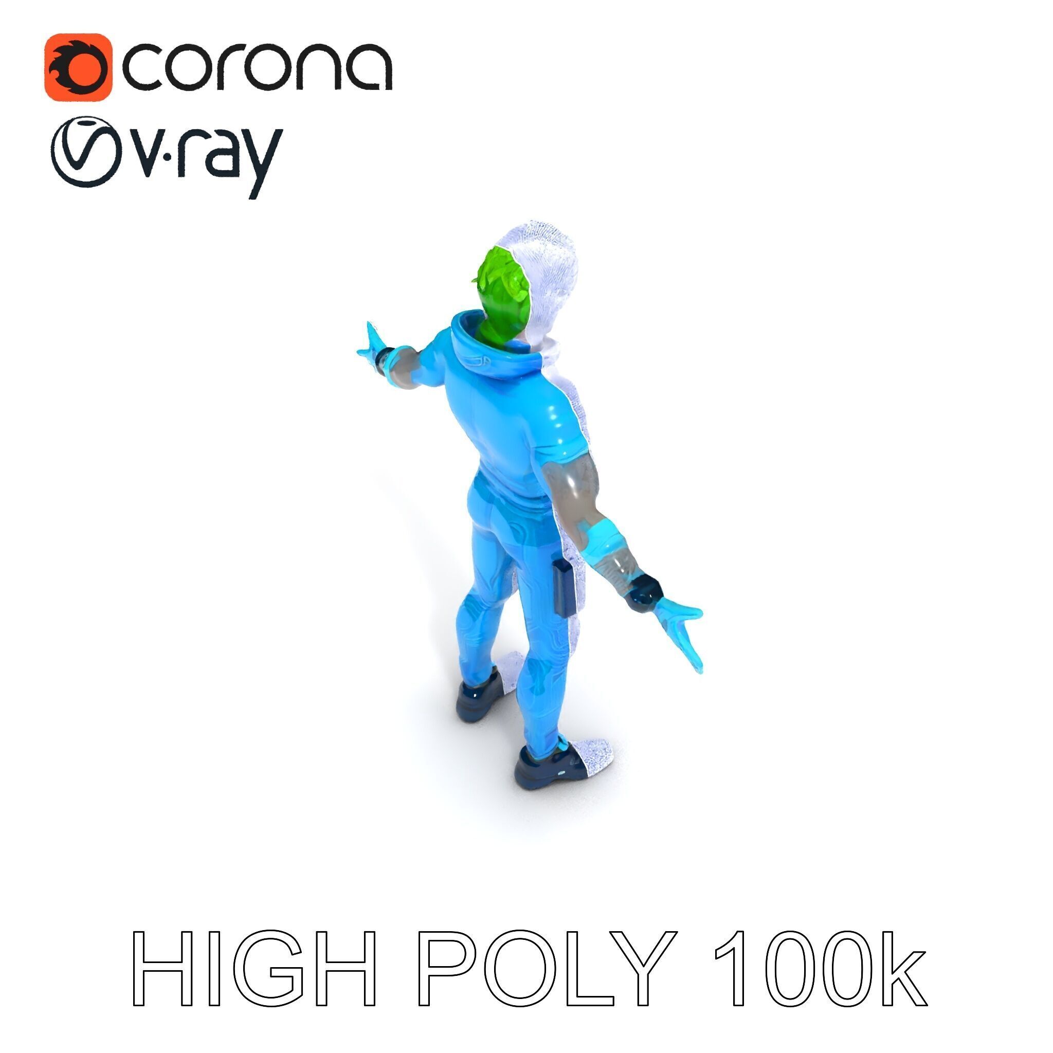 Neon Cyberpunk Character with Green Hair and Futuristic Suit Low-poly 3D model_15