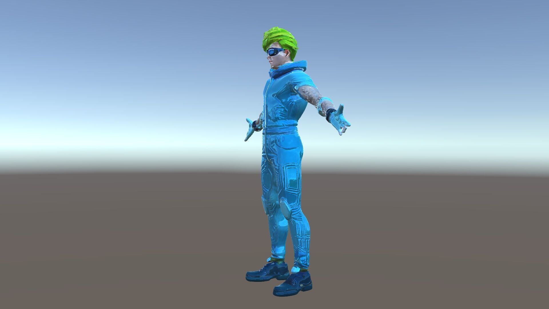 Neon Cyberpunk Character with Green Hair and Futuristic Suit Low-poly 3D model_5