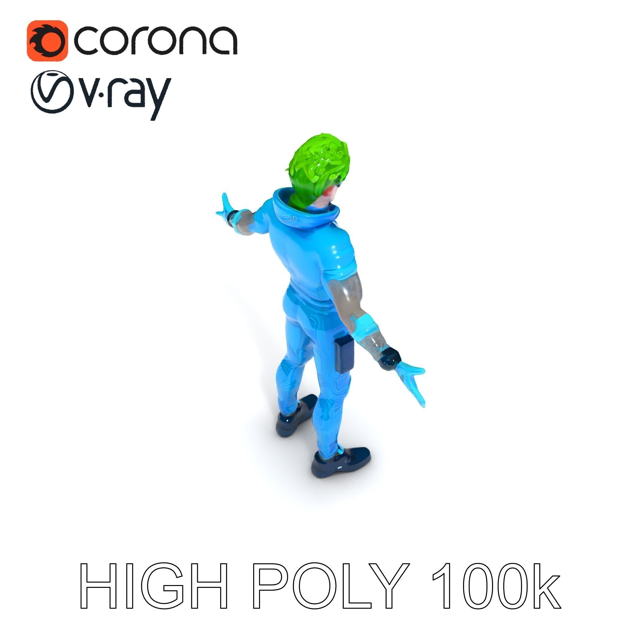 Neon Cyberpunk Character with Green Hair and Futuristic Suit Low-poly 3D model_8
