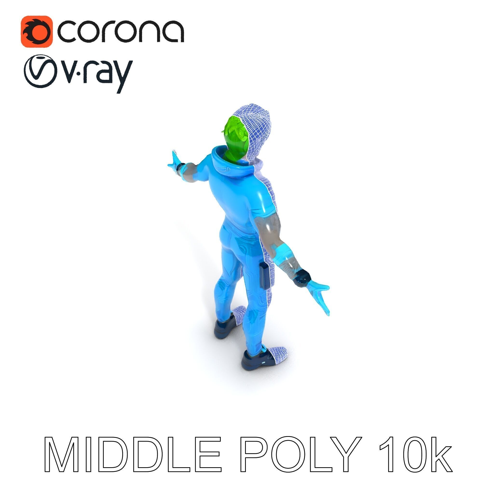 Neon Cyberpunk Character with Green Hair and Futuristic Suit Low-poly 3D model_6