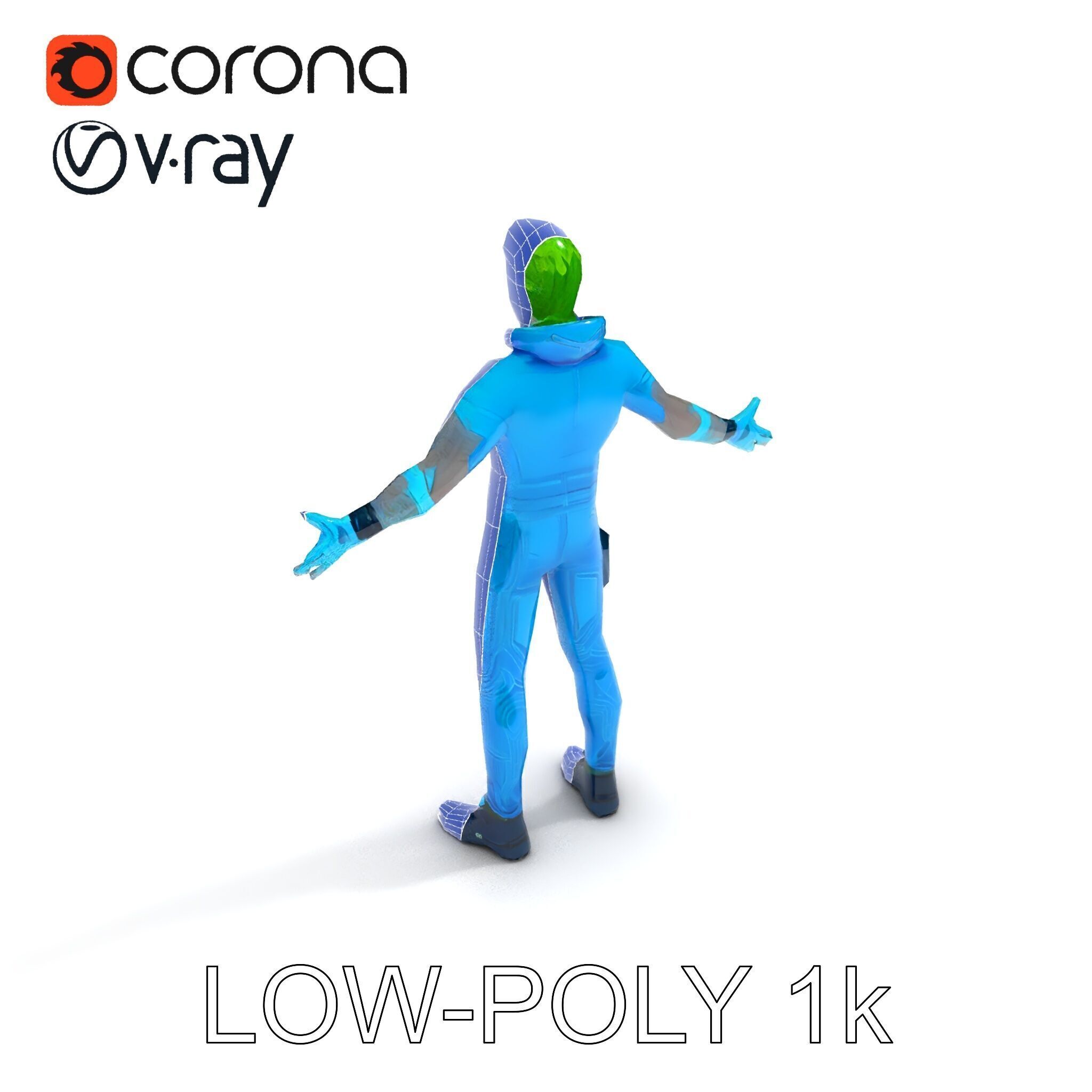 Neon Cyberpunk Character with Green Hair and Futuristic Suit Low-poly 3D model_25