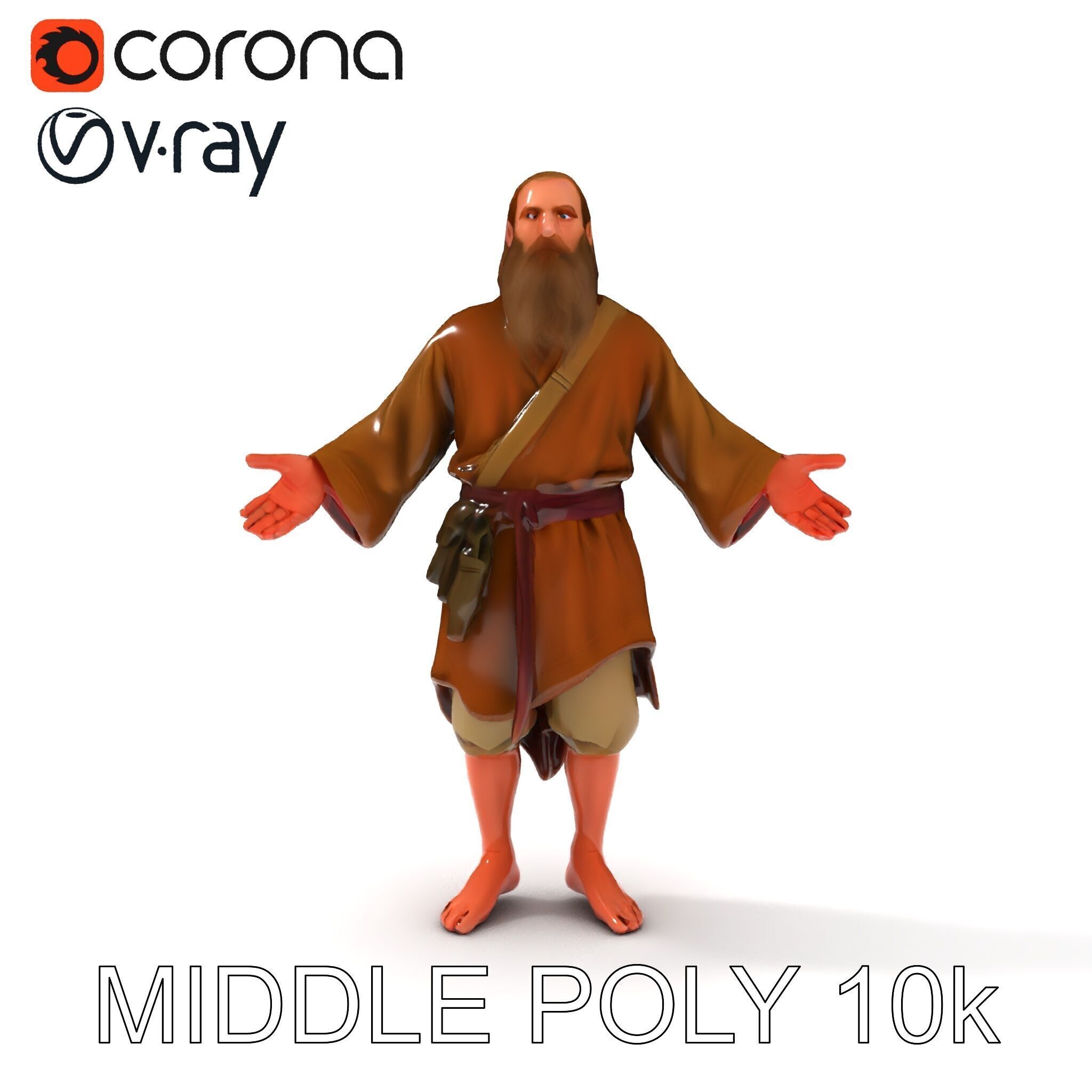 Bearded Monk D Model  Rigged PBR Textures Compatible with Mixamo Low-poly 3D model_37