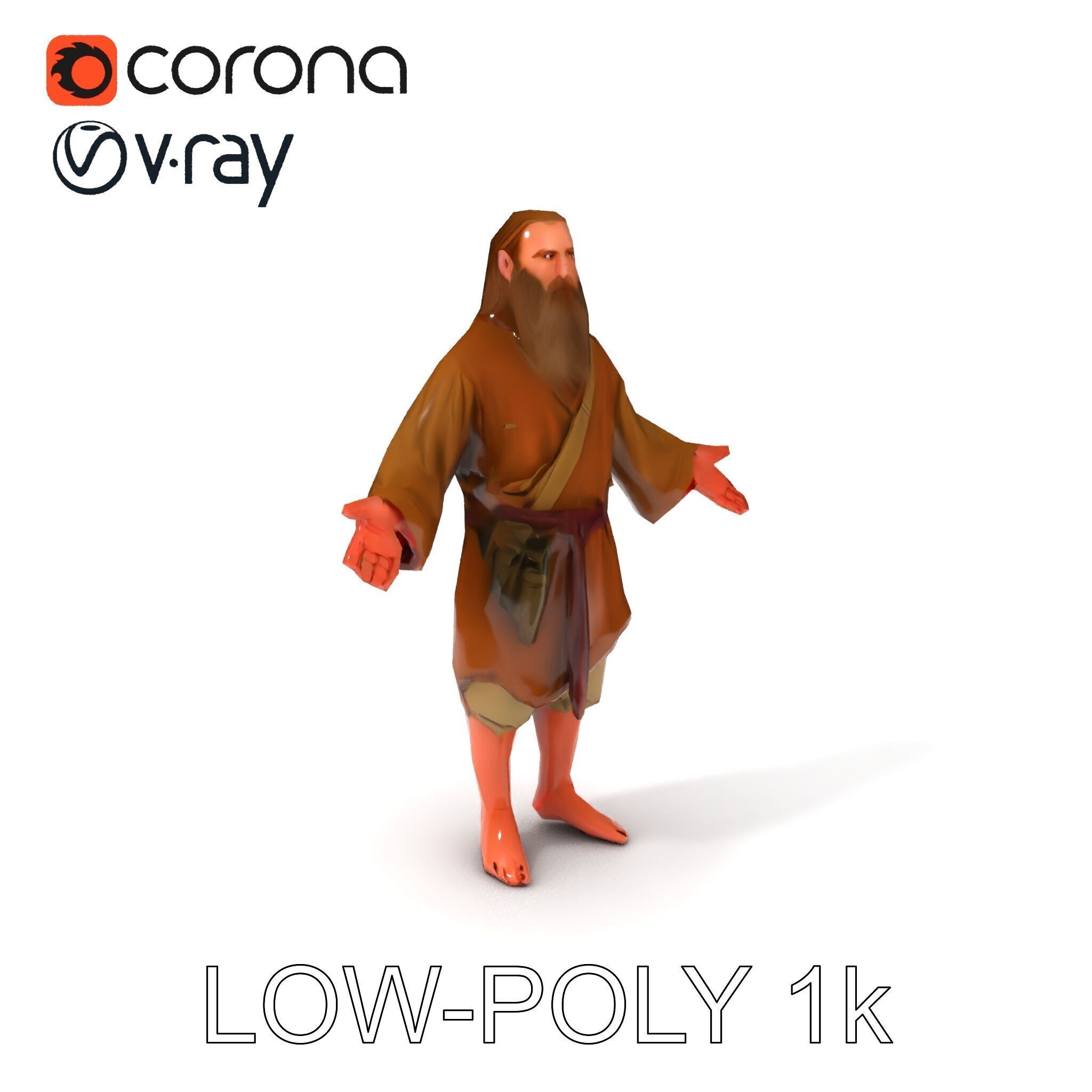 Bearded Monk D Model  Rigged PBR Textures Compatible with Mixamo Low-poly 3D model_26