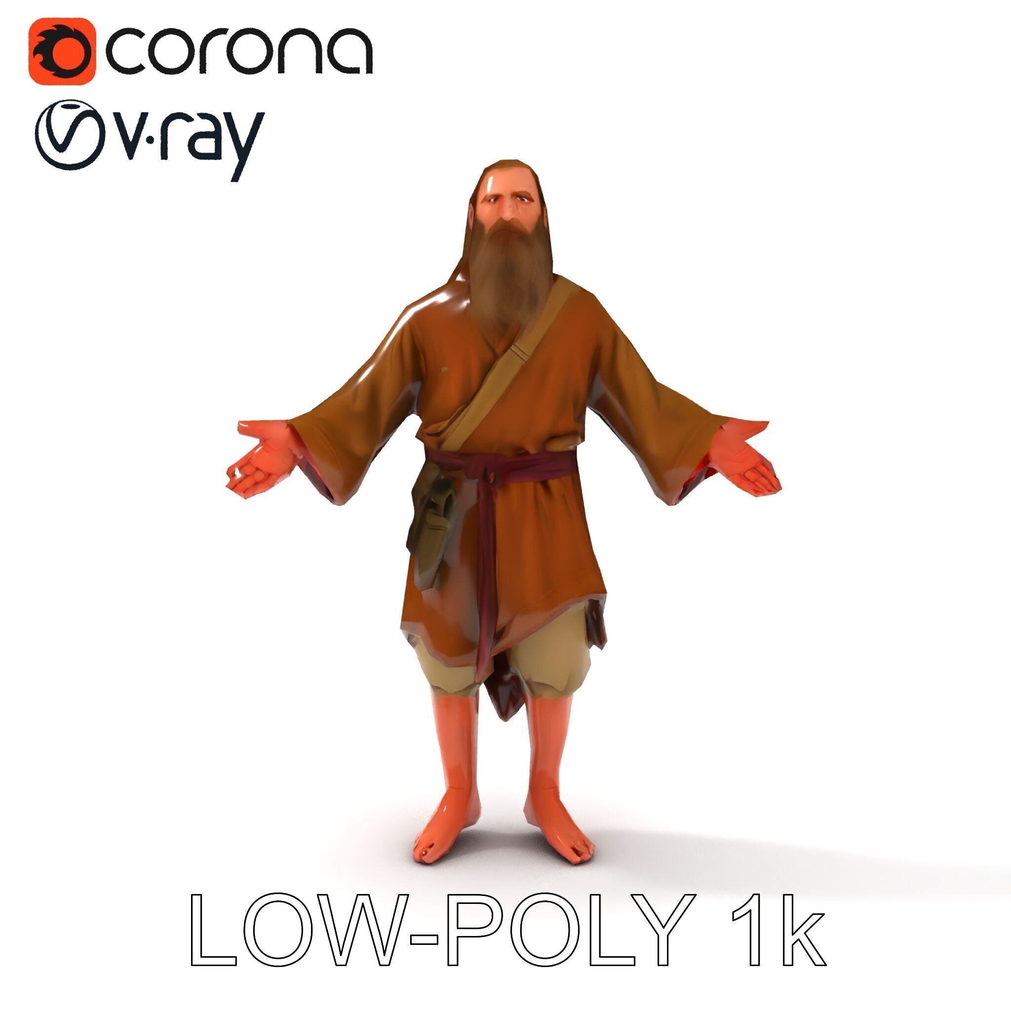 Bearded Monk D Model  Rigged PBR Textures Compatible with Mixamo Low-poly 3D model_7