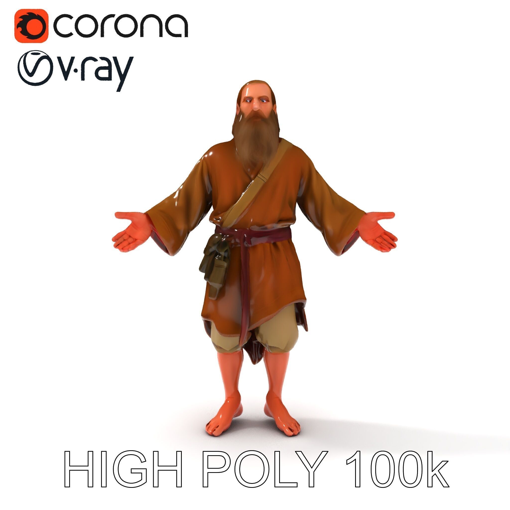 Bearded Monk D Model  Rigged PBR Textures Compatible with Mixamo Low-poly 3D model_36