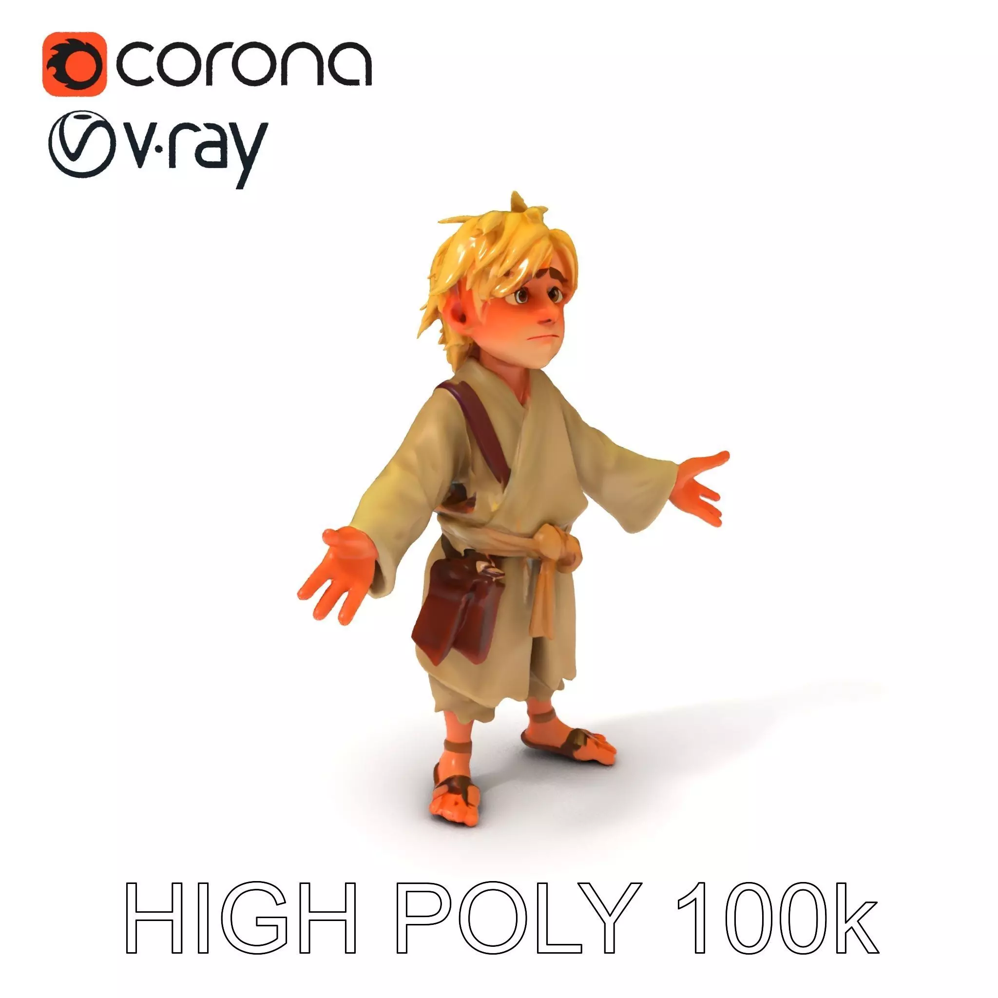 Young Adventurer Character with Casual Medieval Costume Low-poly 3D model_0