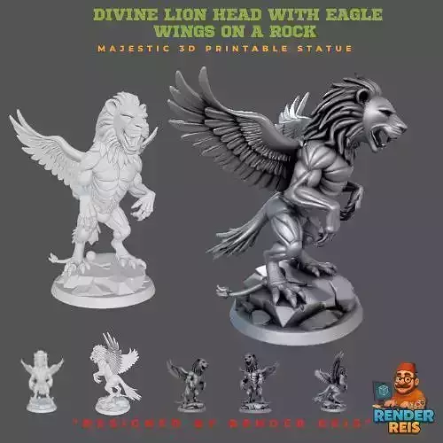 Divine Lion Head with Eagle Wings on a Rock 3D print model