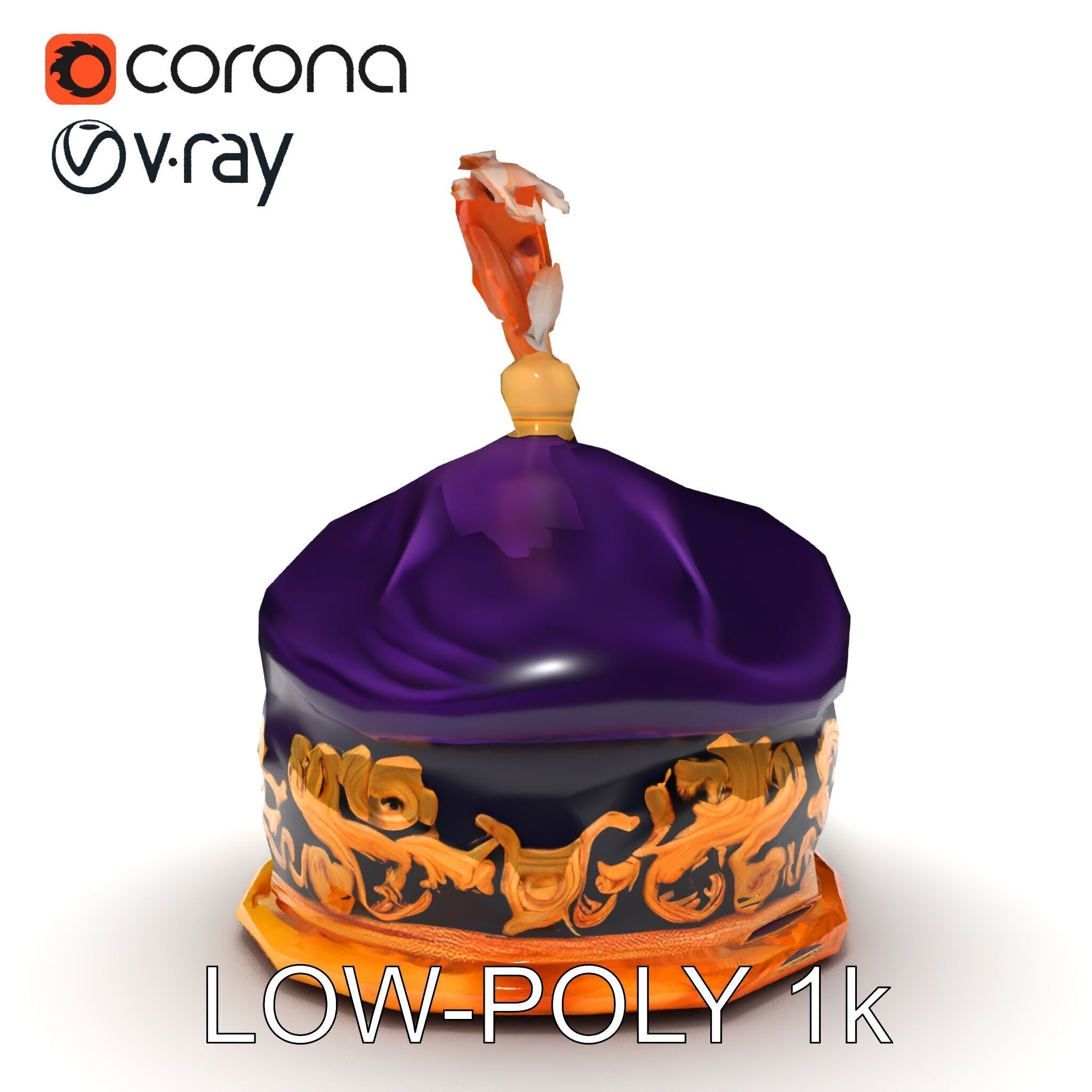 Elegant Embroidered Hat model pack with Feather Detail Low-poly 3D model_12