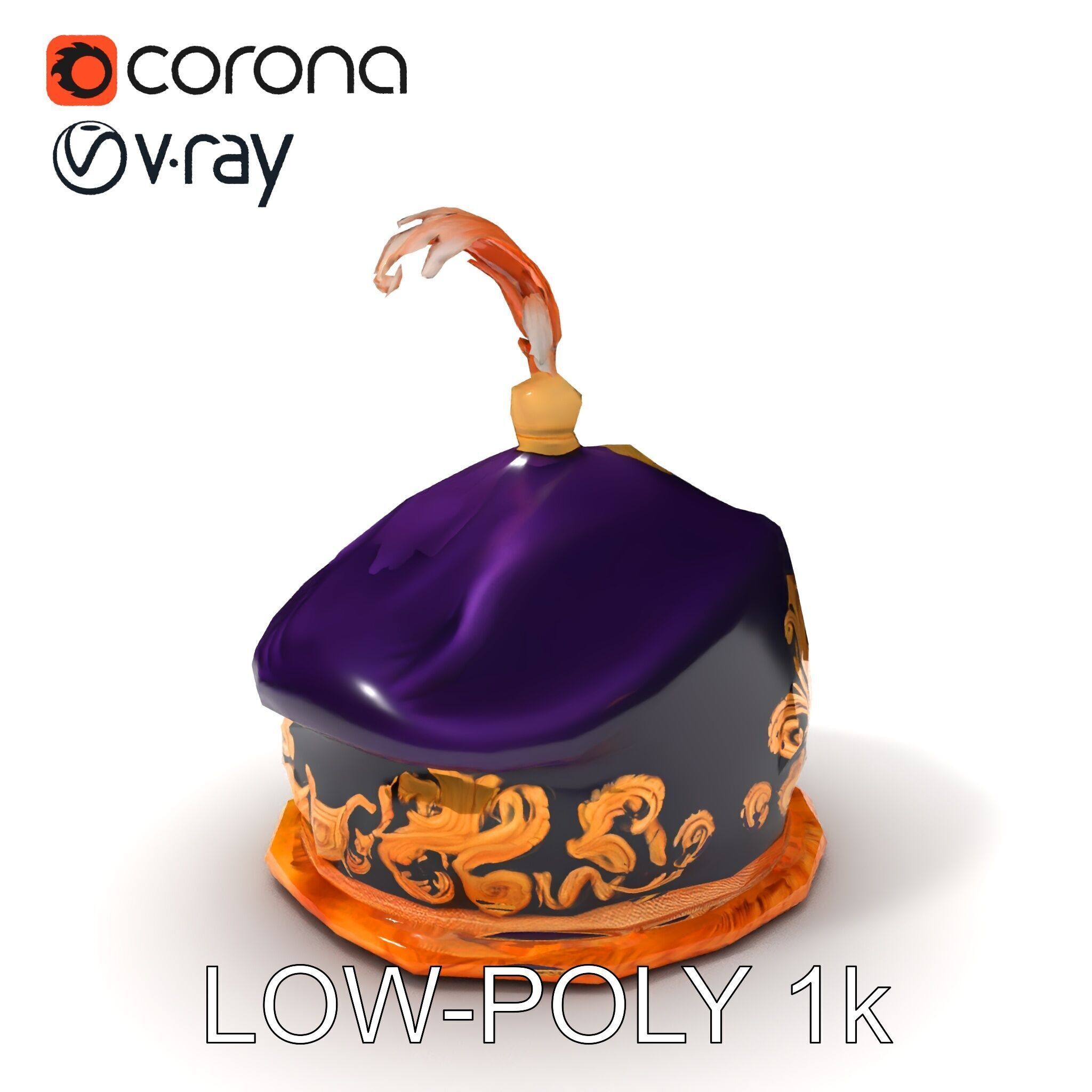 Elegant Embroidered Hat model pack with Feather Detail Low-poly 3D model_9