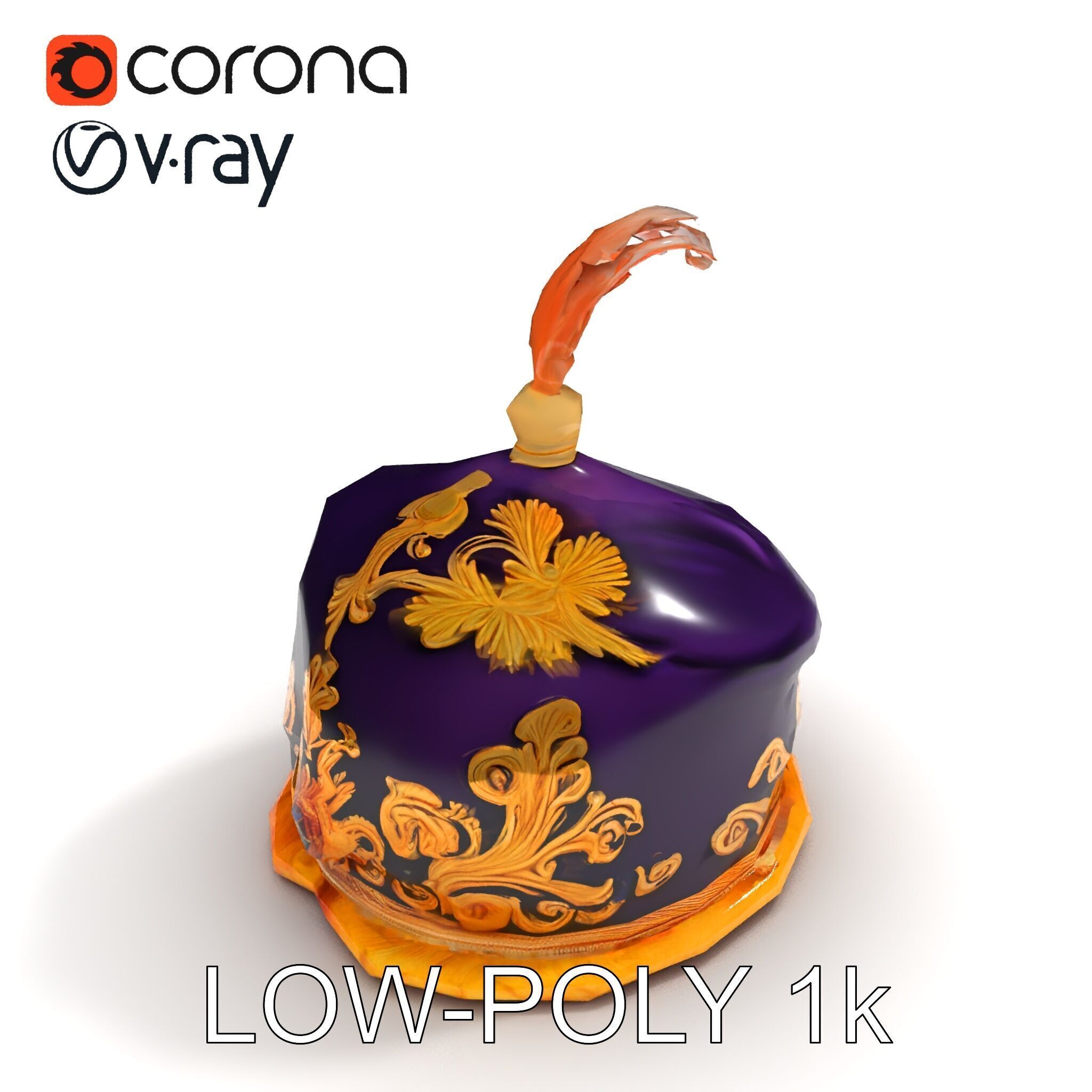 Elegant Embroidered Hat model pack with Feather Detail Low-poly 3D model_18