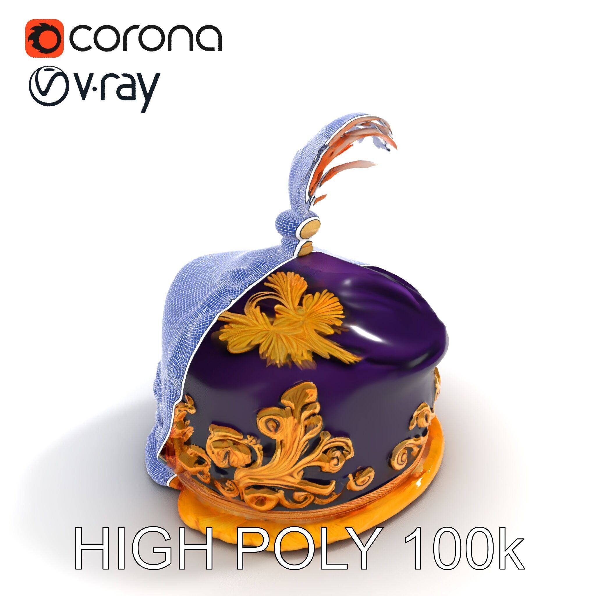 Elegant Embroidered Hat model pack with Feather Detail Low-poly 3D model_10