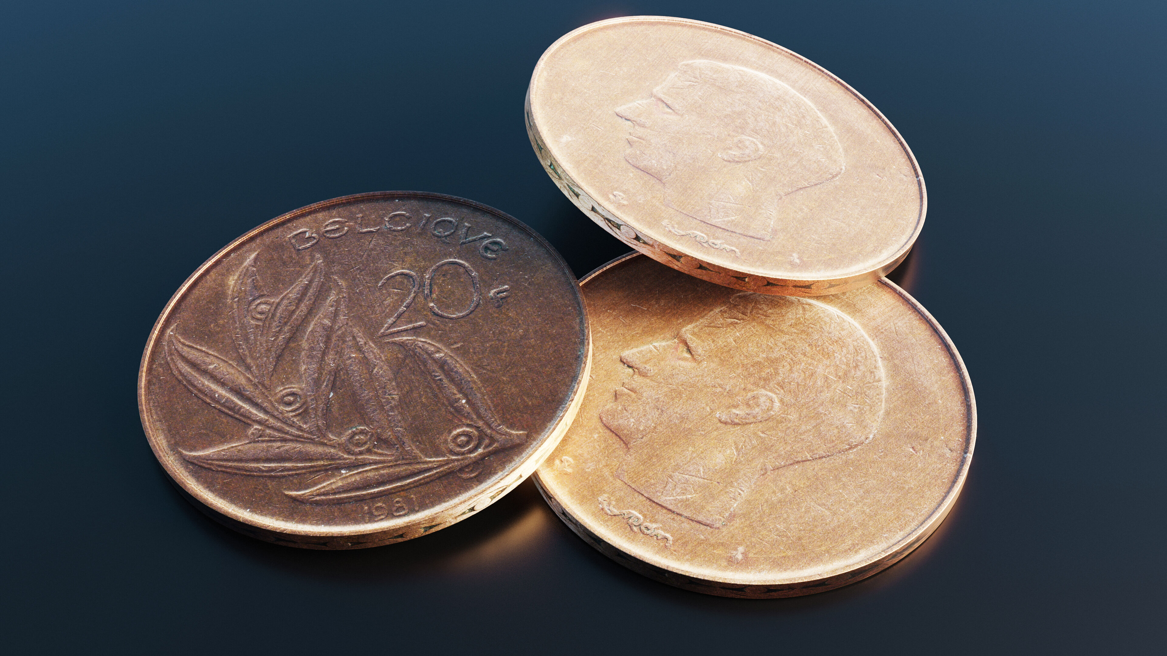 Belgian 20 Franc coin Low-poly 3D model_9