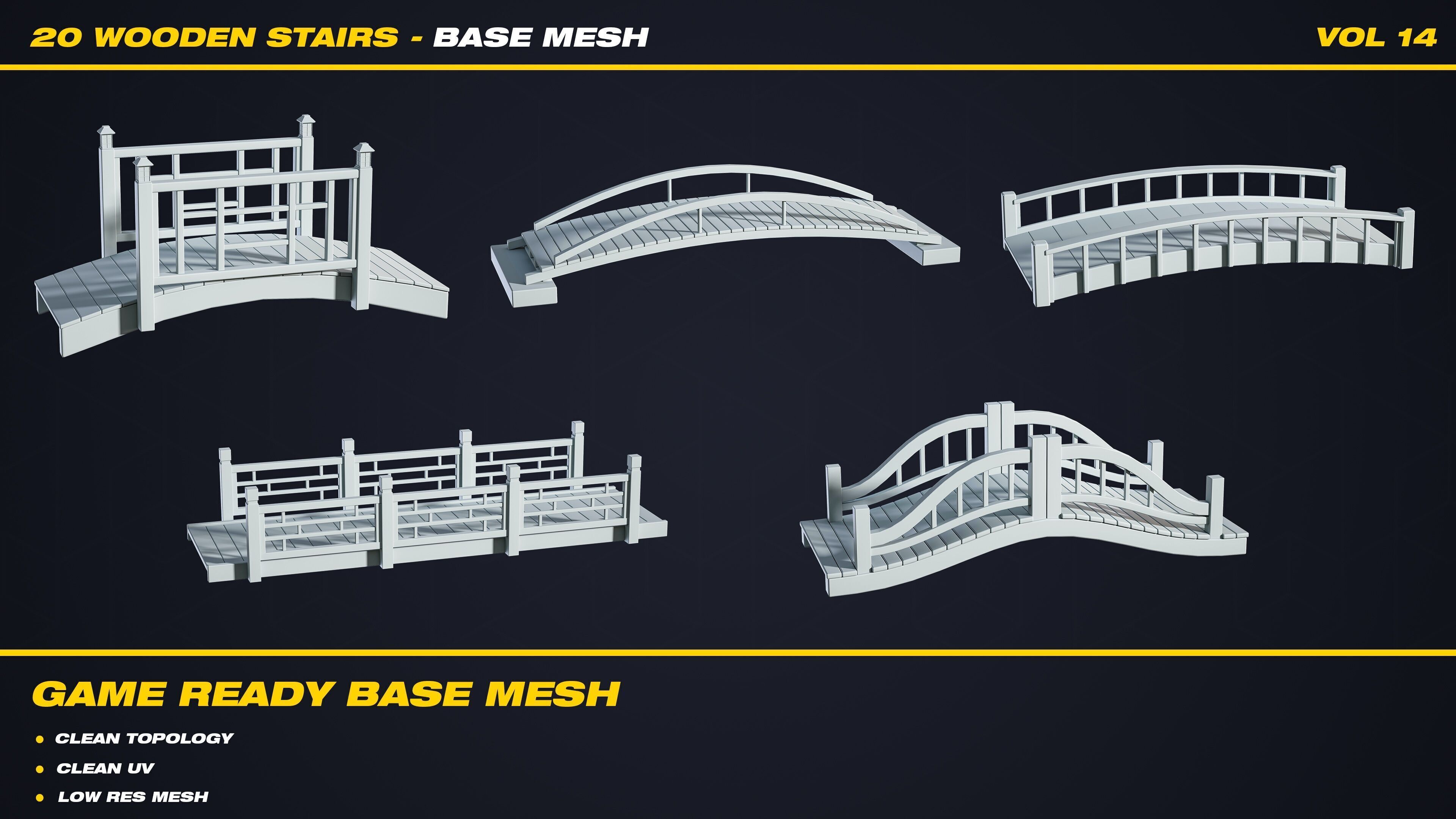 20 Wooden Stairs Base Mesh - VOL 14 - Game Ready Low-poly 3D model_9