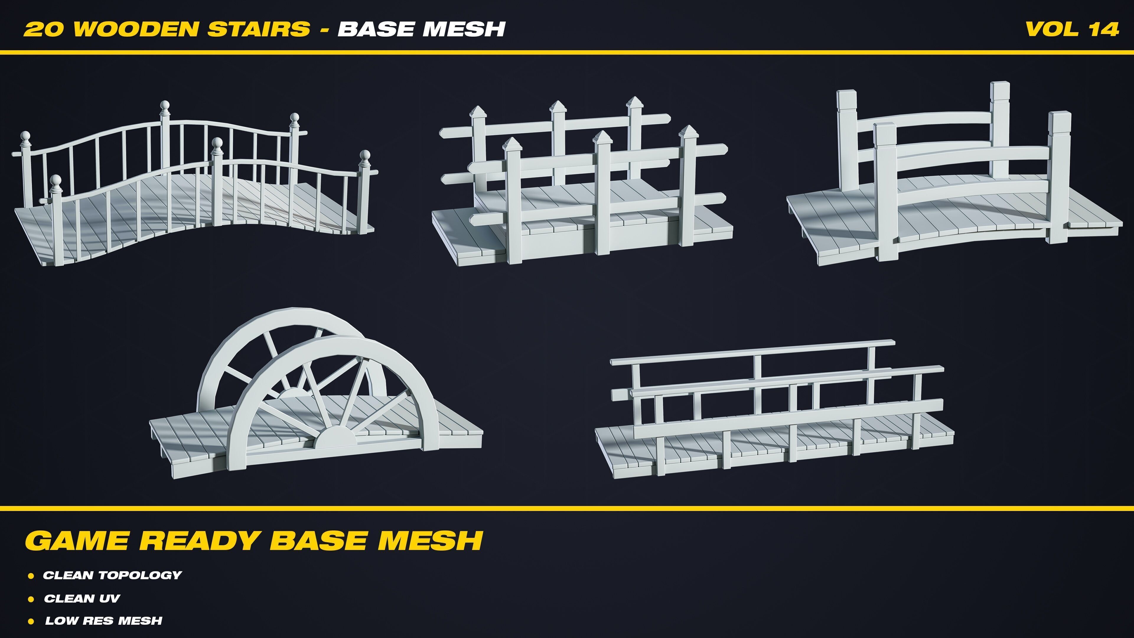 20 Wooden Stairs Base Mesh - VOL 14 - Game Ready Low-poly 3D model_1