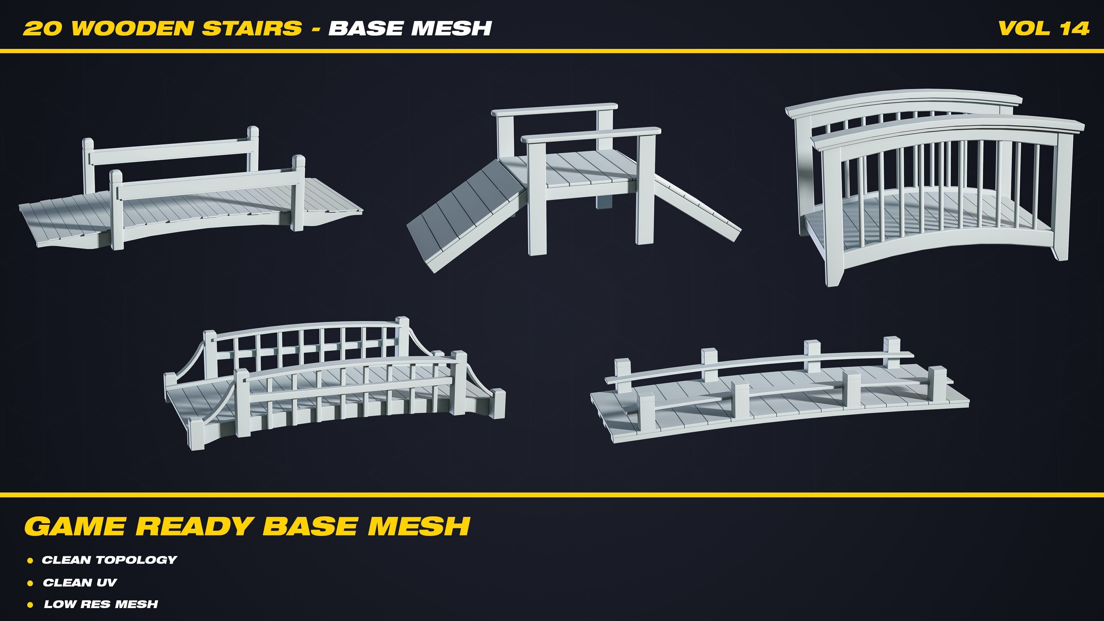 20 Wooden Stairs Base Mesh - VOL 14 - Game Ready Low-poly 3D model_3