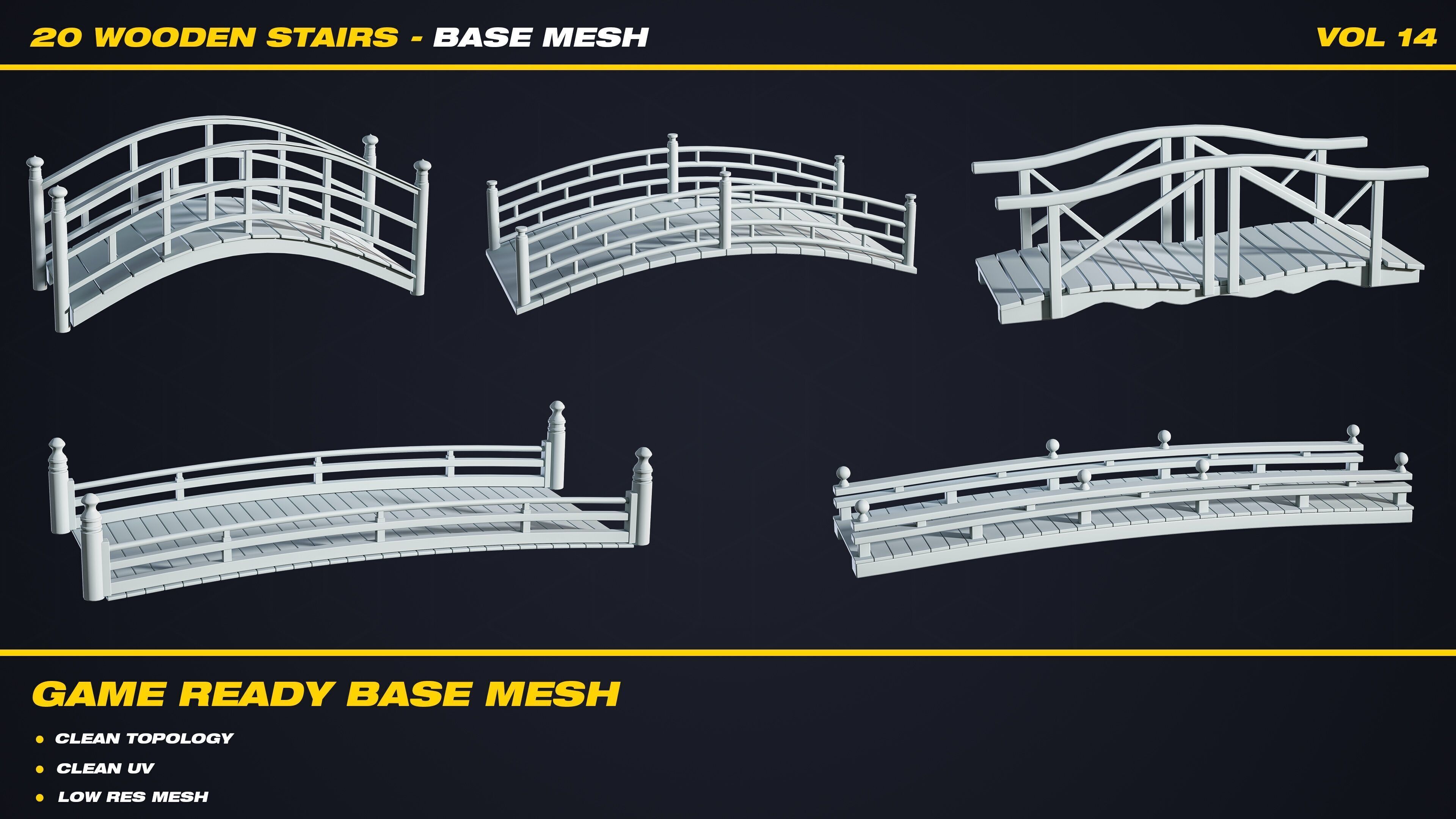 20 Wooden Stairs Base Mesh - VOL 14 - Game Ready Low-poly 3D model_4