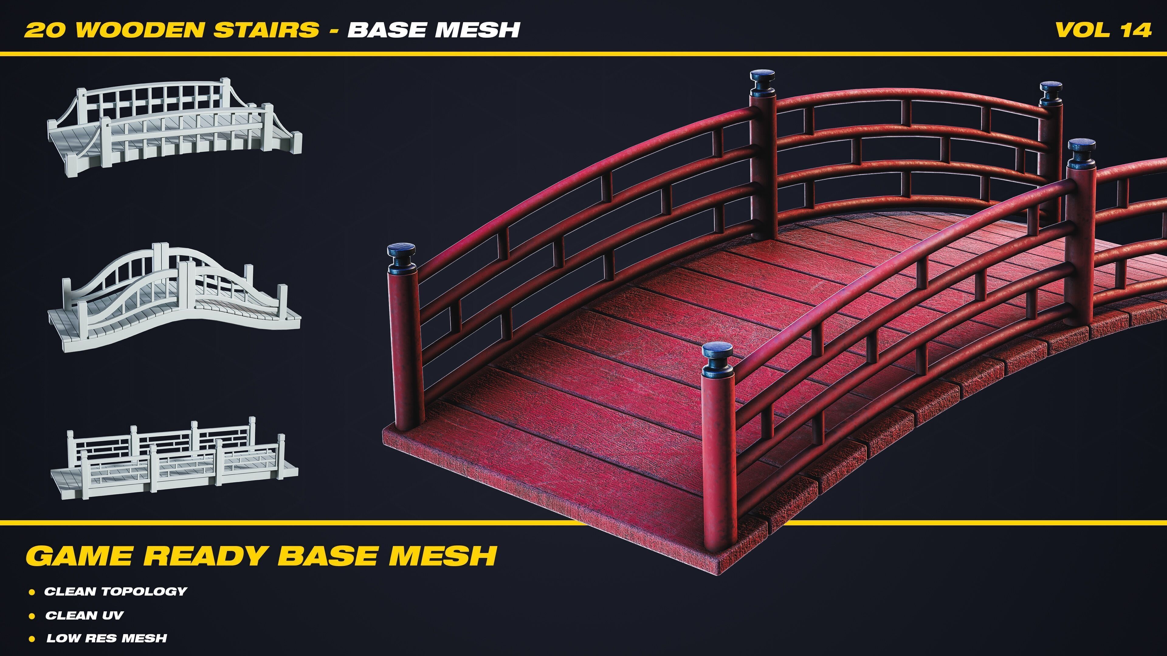 20 Wooden Stairs Base Mesh - VOL 14 - Game Ready Low-poly 3D model_7