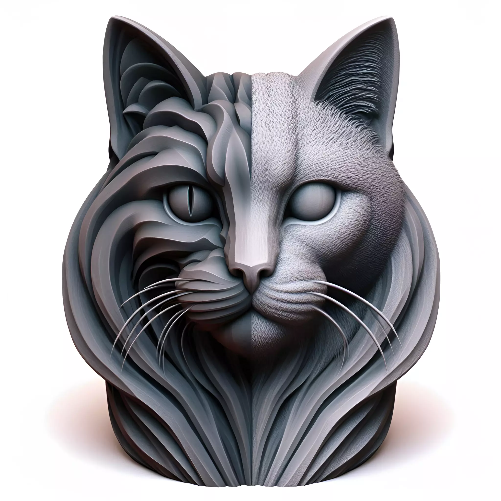 Stylized Split Cat Head Sculpture Mask Ring Set 3D print model_0