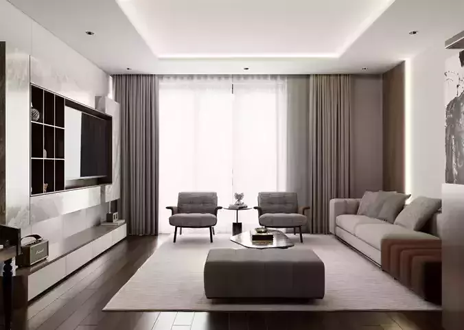Luxury Living Room and Kitchen with Dining 3D Model 
