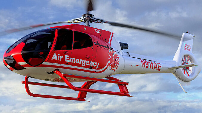 Animated Airbus H130 Helicopter - Air Emergency Livery - Low-poly 3D model