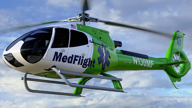 Animated Airbus H130 Helicopter - Med Flight 1 Livery - Low-poly 3D model