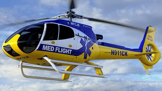Animated Airbus H130 Helicopter - Med Flight 2 Livery - Low-poly 3D model