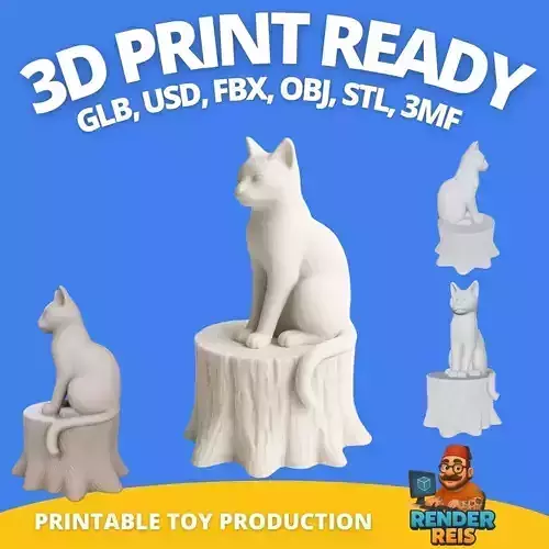 Cat Statue on Tree Stump 