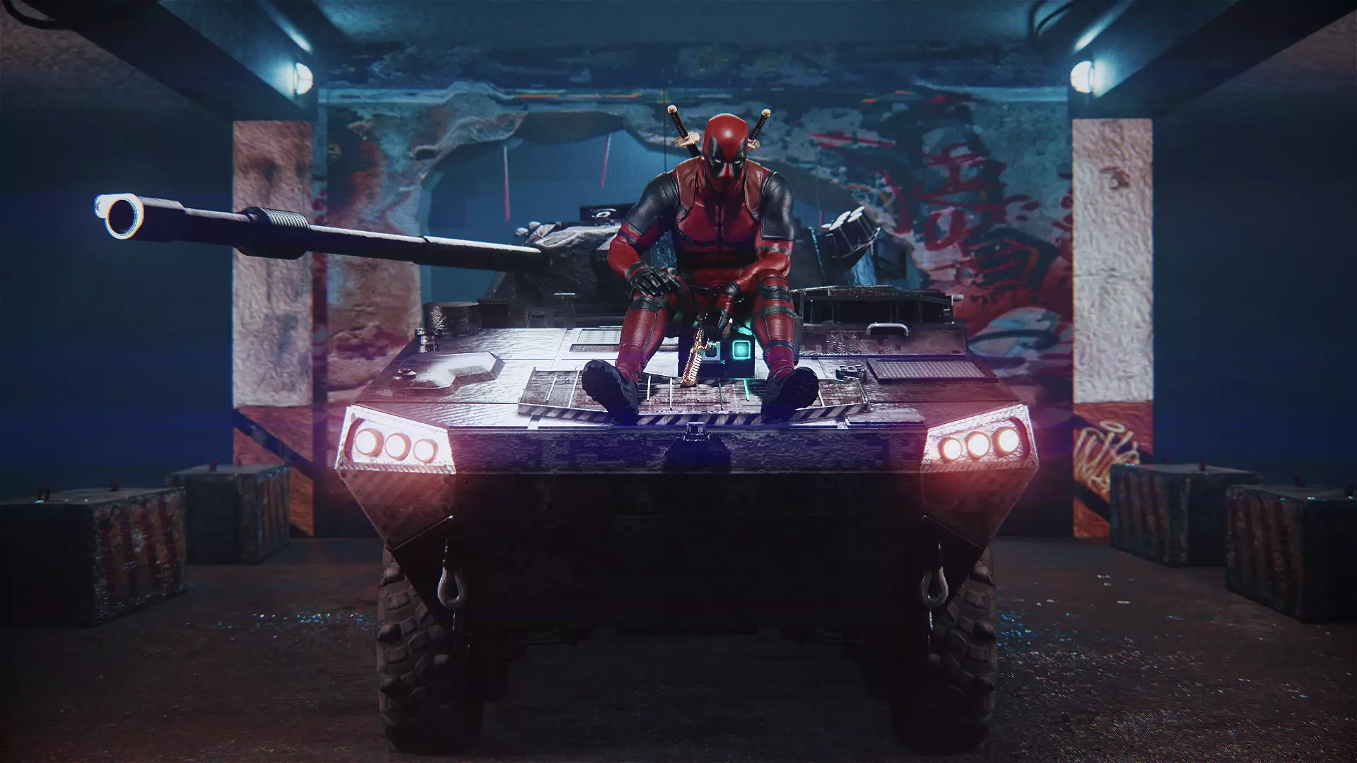 Deadpool On a Tank Epic Blender Animation 3D model_0